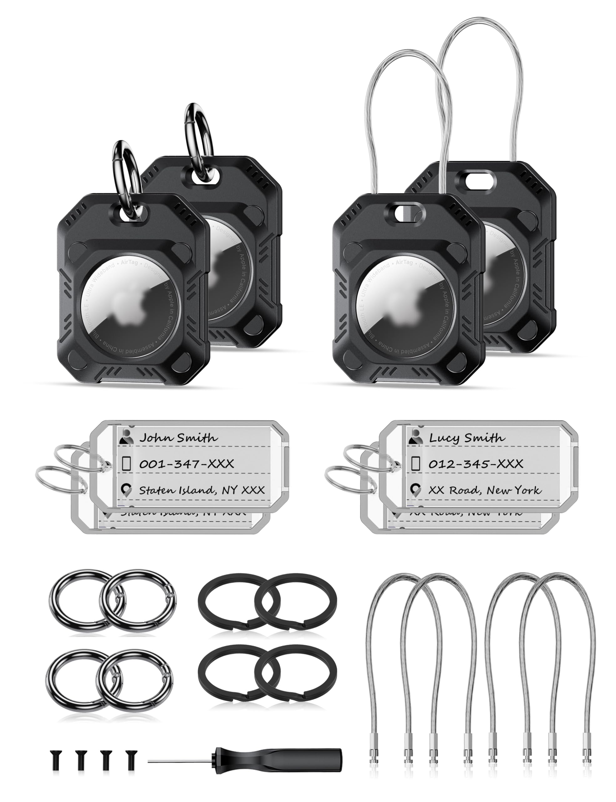 Profezzion 4 Pack 2 In 1 Secure Airtag Holder Hard Shell Case With Key Rings, Key Tag, Metal Wire Cable, Allen Wrench And Spare