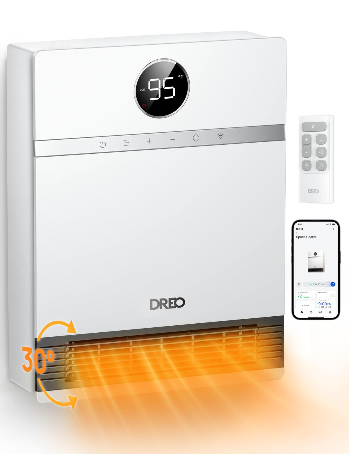 Dreo Smart Wall Heater, Ip24 Easy Mounted Ptc Space Heater For Indoor Use, 30 Oscillation, Adjustable Thermostat, Remote Control
