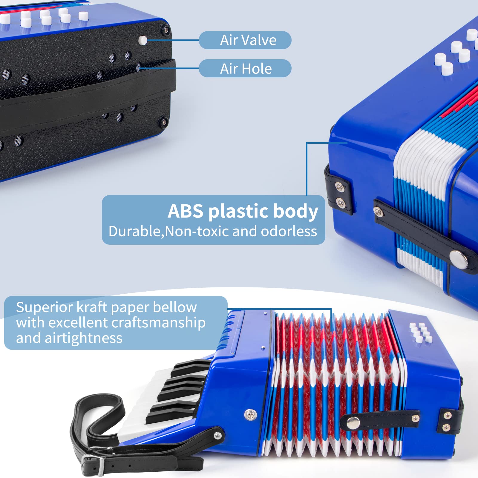 Accordion, 17 Keys Piano Accordion 8 Bass With Straps For Beginners Kids Student Educational Musical Instrument (Blue)
