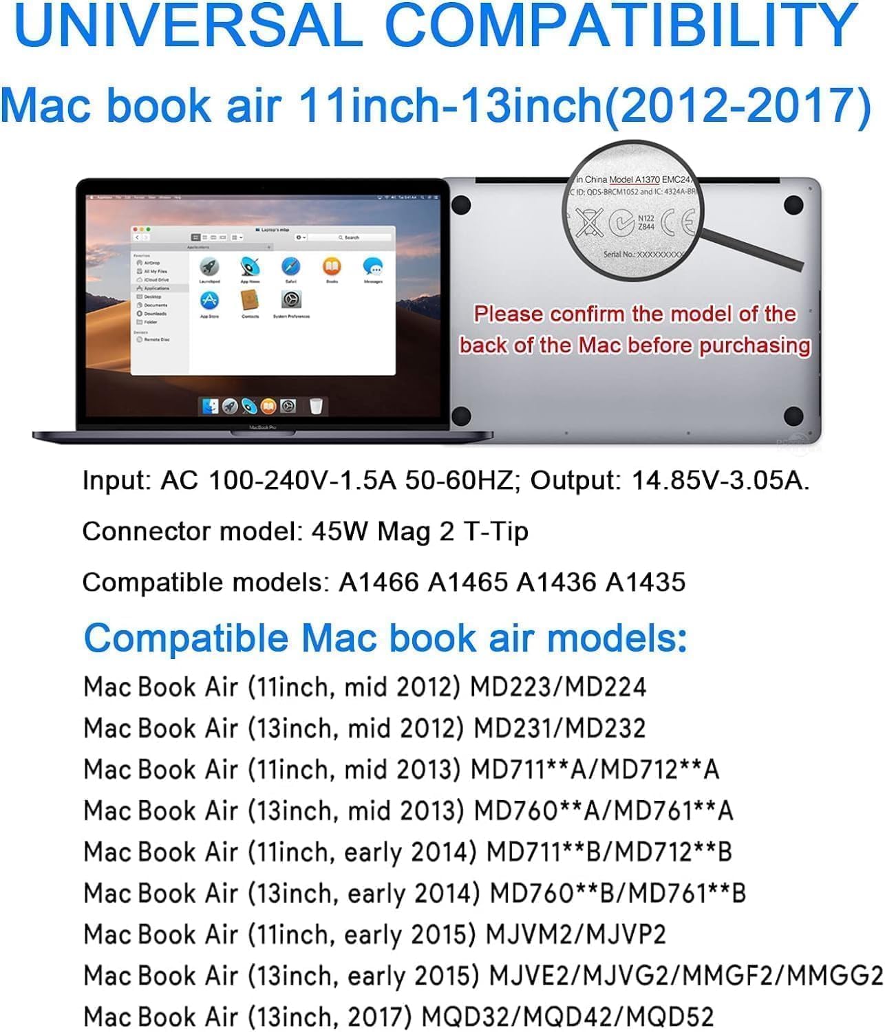 Universal Charger 45W T-Tip Charger,Compatible With Mac Book Air 11-Inch And 13 Inch Between 2012-2017