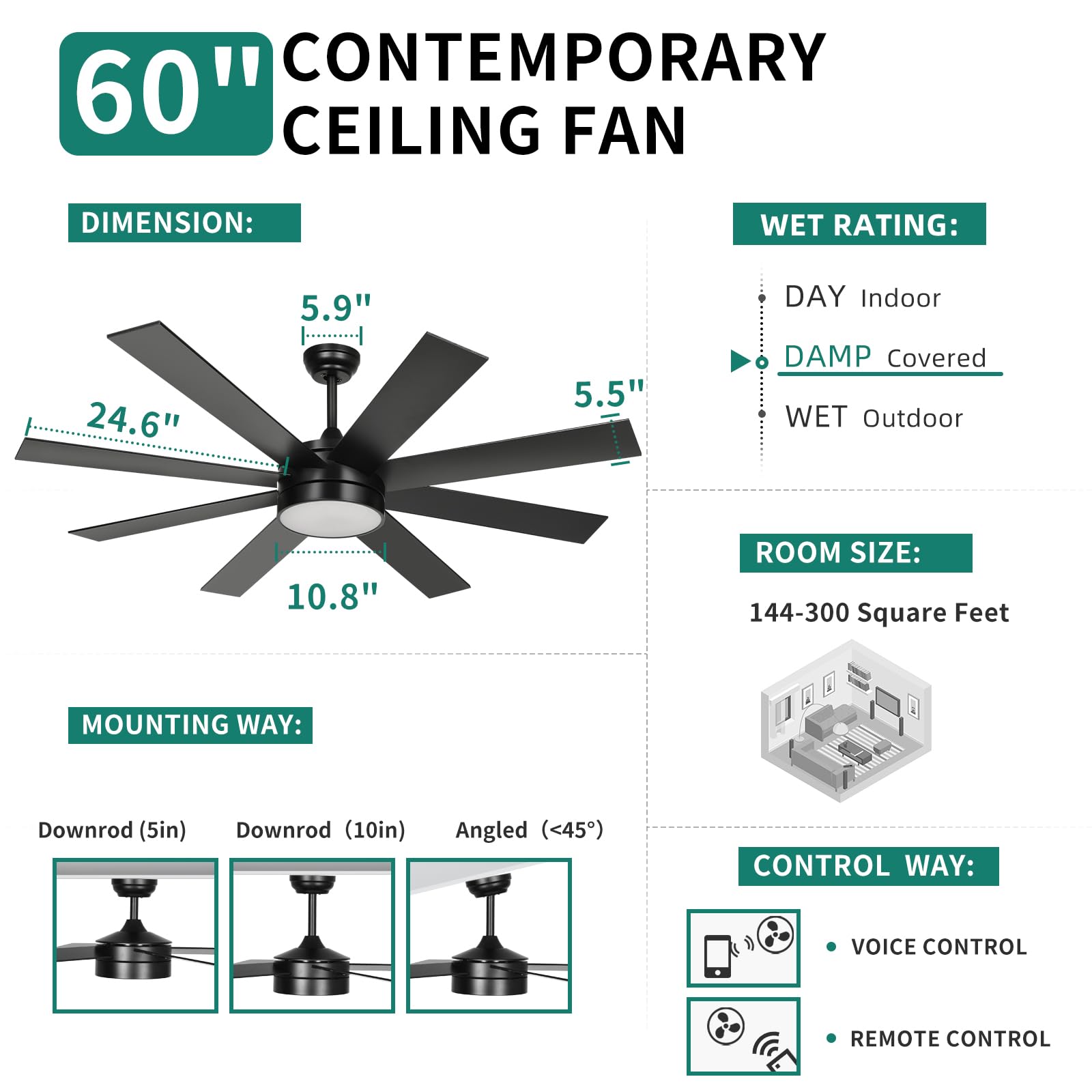 Yitahome 60 Inch Black Ceiling Fan With Lights And Remote,8 Blades,App Control, Modern Smart Ceiling Fan Compatible With Alexa F