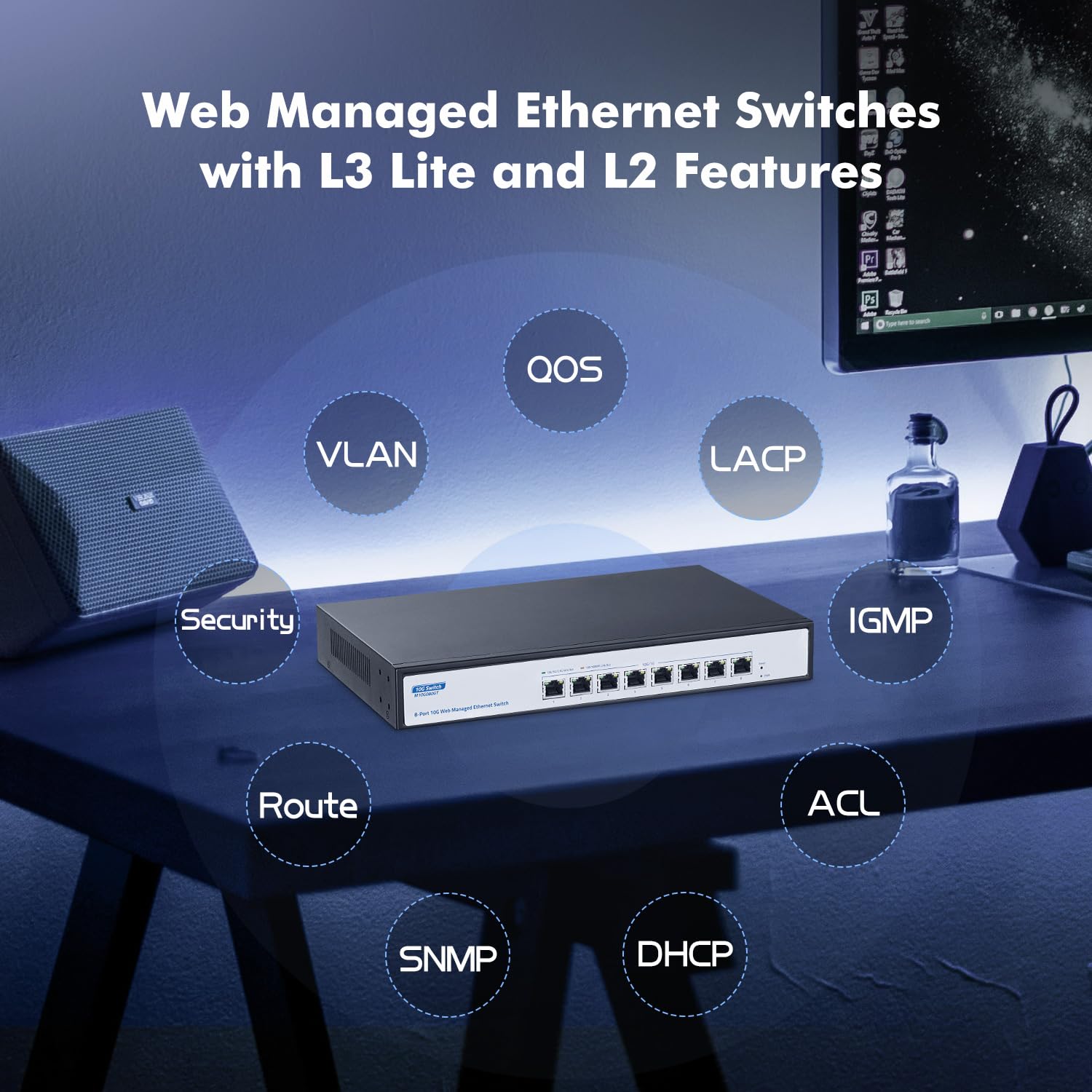 Yulinca 8 Port 10Gbps Managed Switch, Support 10G/5G/2.5G/1000M Auto Negotiation, 160Gbps Bandwidth, Support Lacp/Qos/Vlan/Igmp,