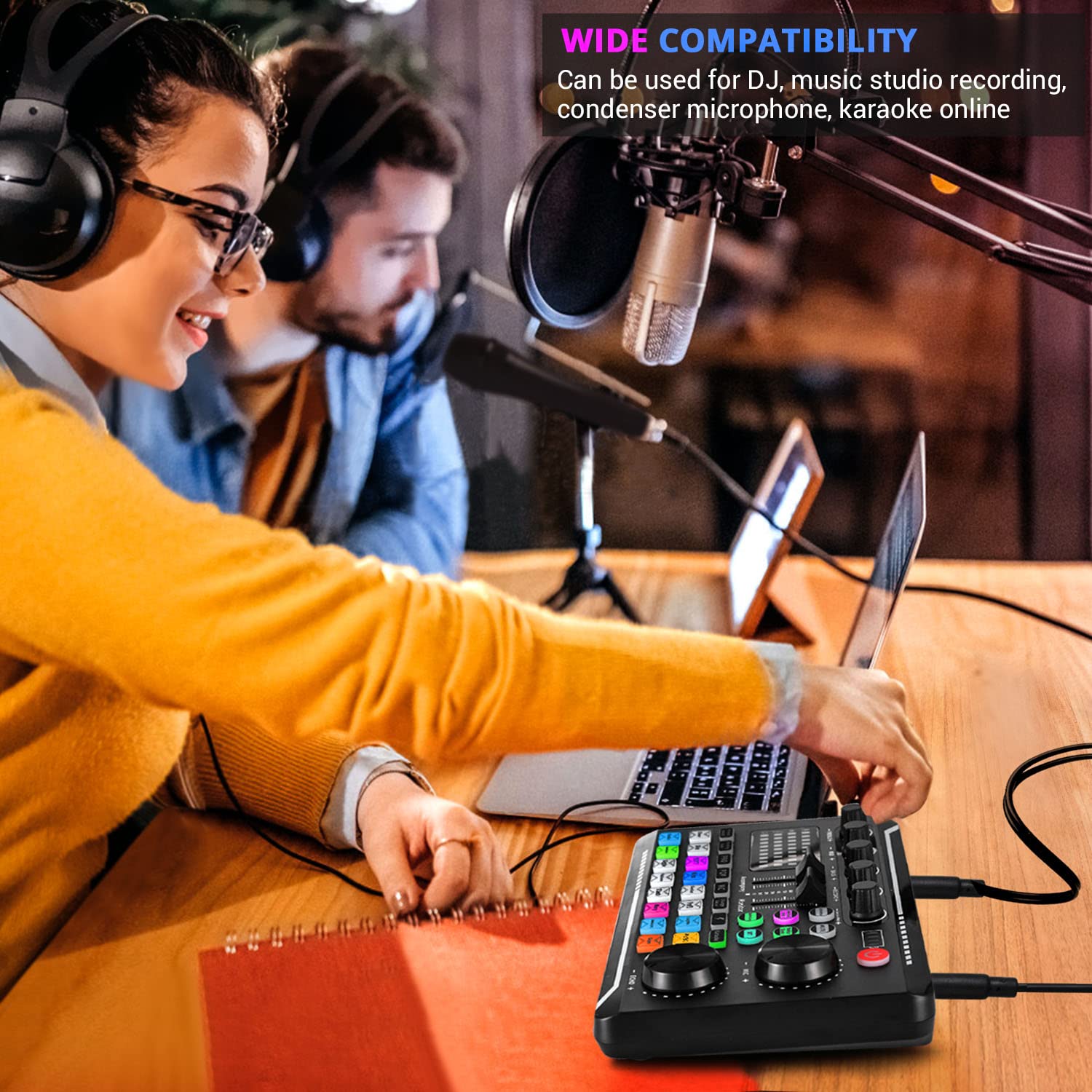 Facmogu F998 Live Sound Card Audio Mixer, Podcast Audio Interface With Dj Mixer Effects, Voice Changer With Sound Effects For Karaoke Tiktok Youtube Live Streaming Record Gaming