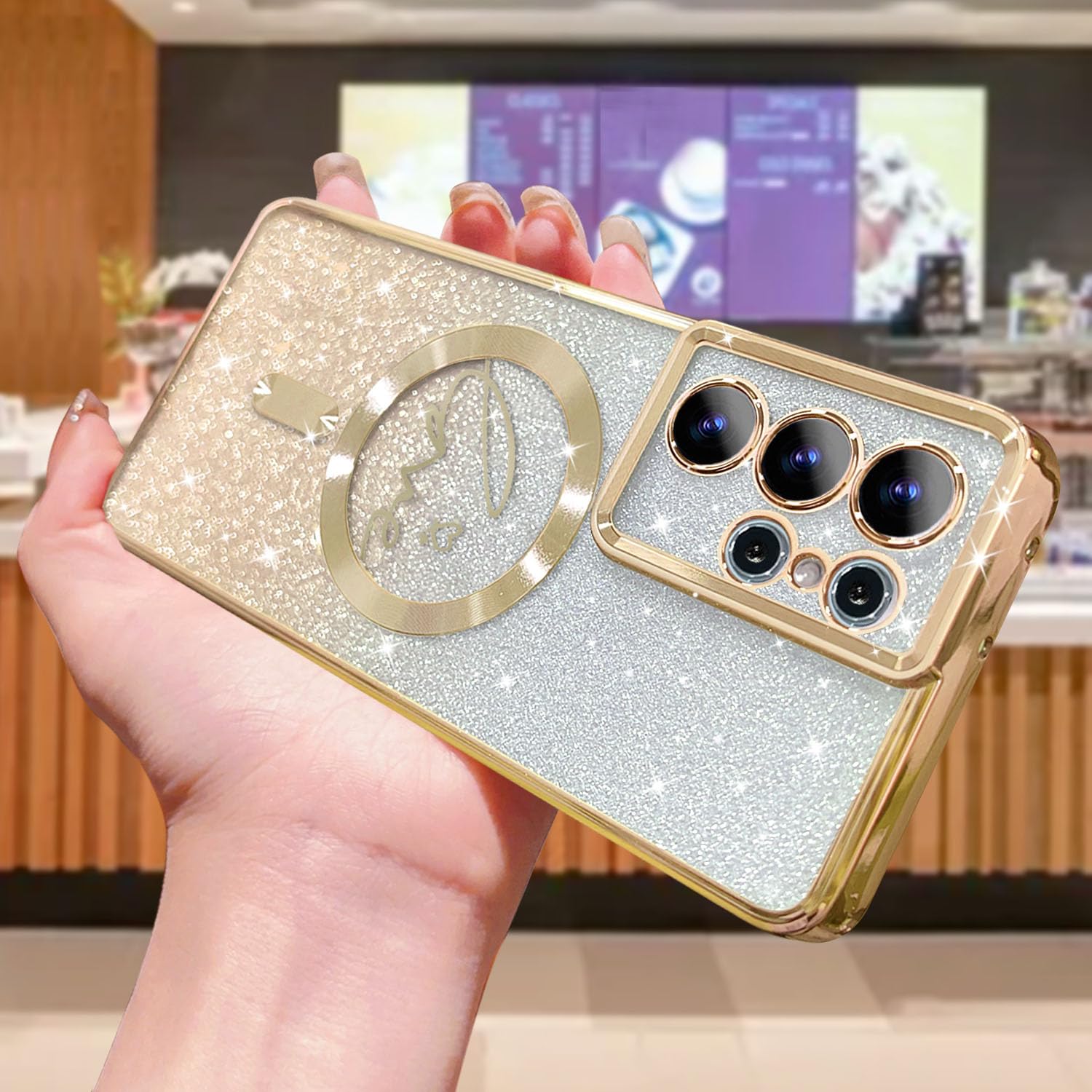 Zonrw For Samsung Galaxy S21 Ultra Case Magnetic,For Women Girl Soft Cute Luxury Love Heart Plating Bling Gradient Glitter Clear