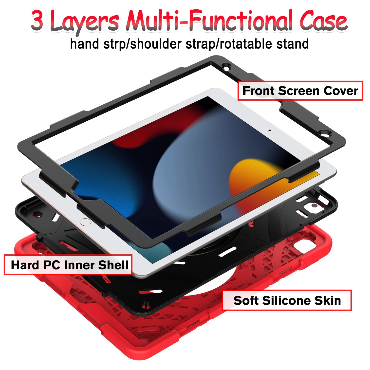 Bmouo Case For Ipad 9Th/8Th/7Th Generation  10.2 Inch 2021/2020/2019 With Screen Protector, 360 Rotating Stand Hand & Shoulder S