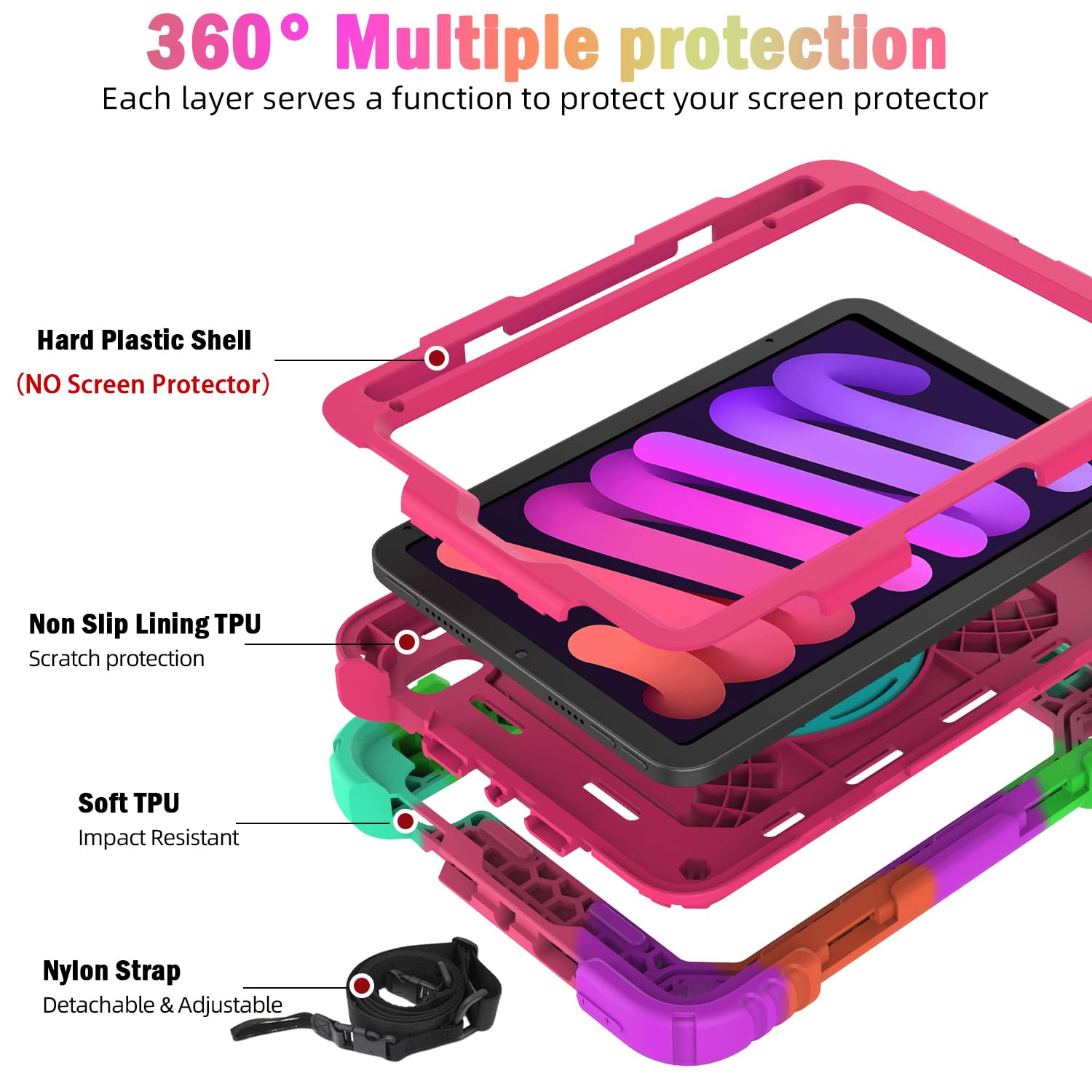 Bmouo Ipad Mini 7/6 Case   Full Body Protection With Rotating Hand Strap/Stand, Rose