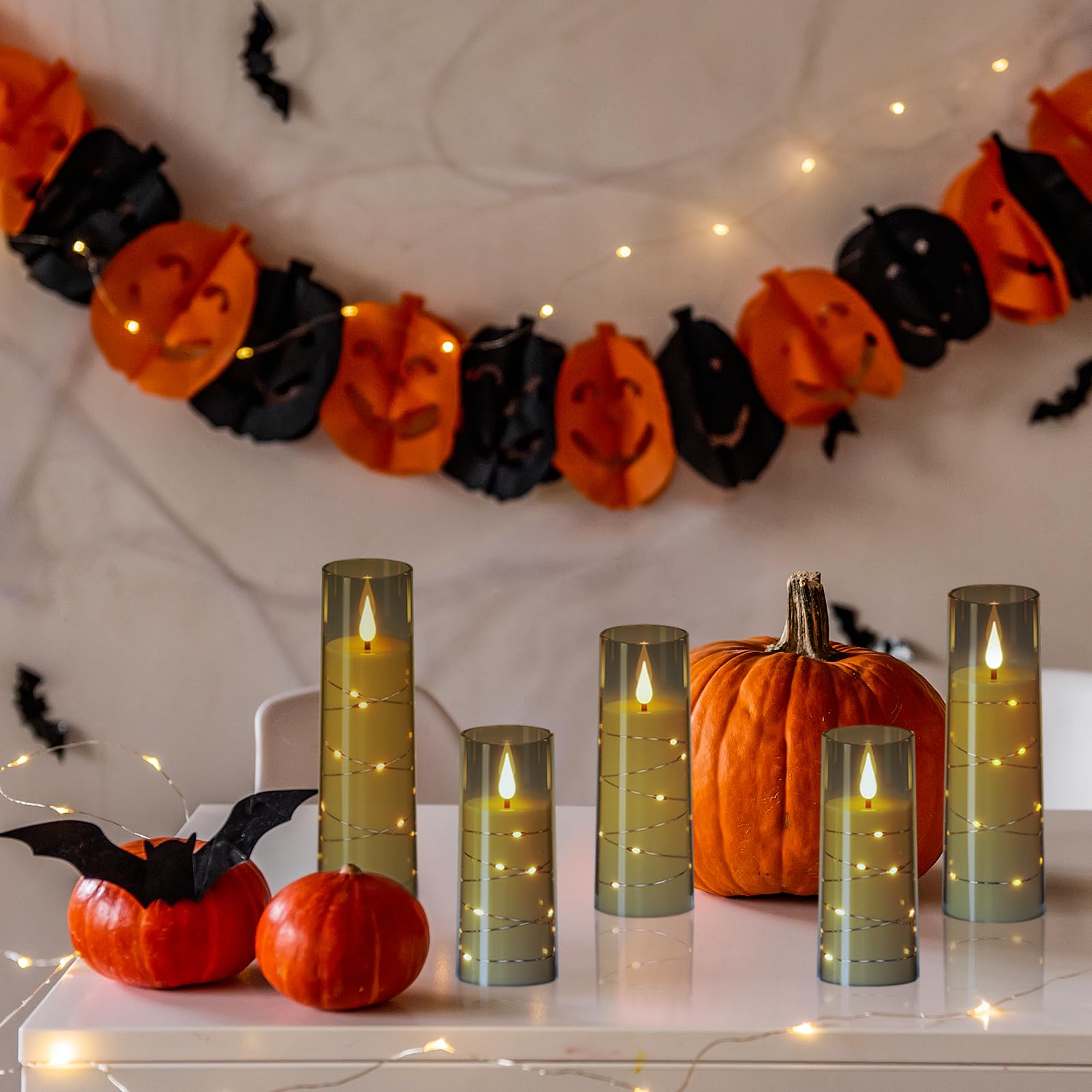 Genswin Flickering Flameless Candles With Remote Timer, 5 Pack Battery Operated Candles With Embedded Star String, Black Led Bat