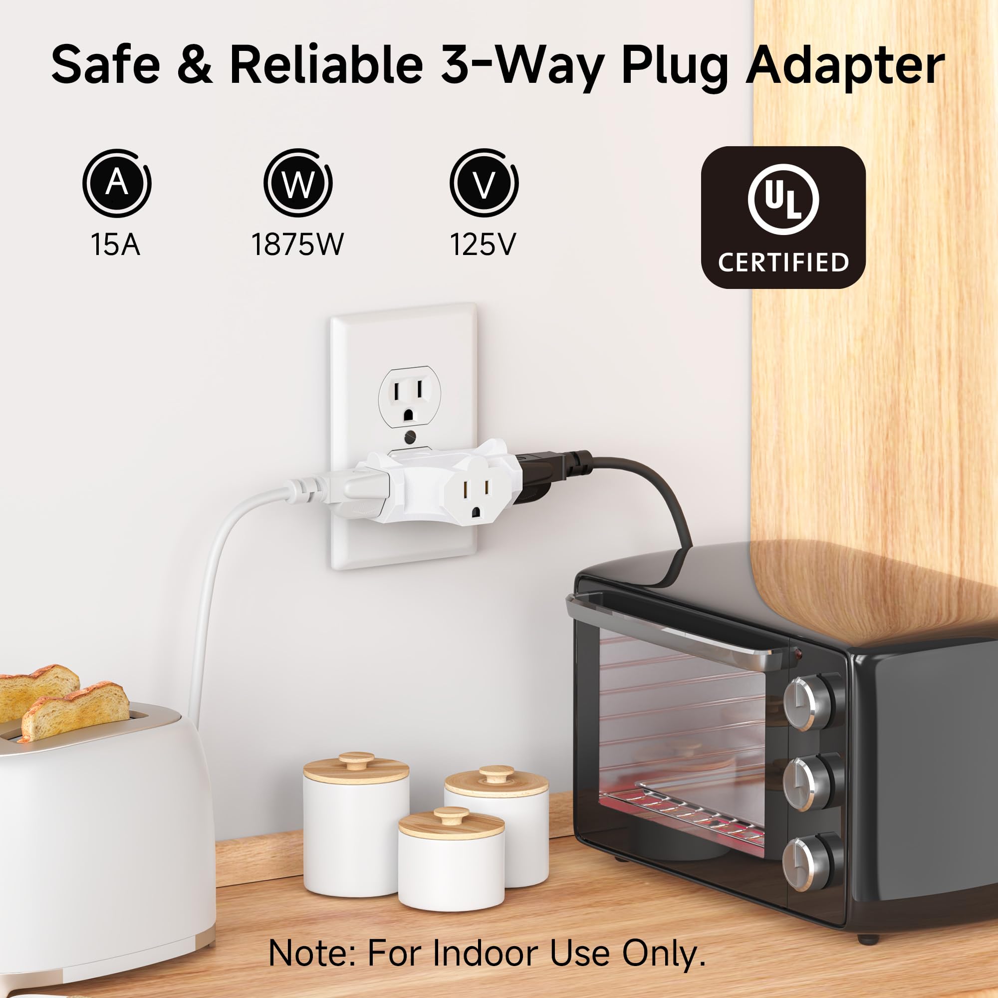 [Ul Listed] Cable Matters 3 Pack 3 Way Plug Adapter 15A 1875W, 3 Prong 3 Outlet Adapter, Power Splitter Plug Outlet, 3 Way Elect