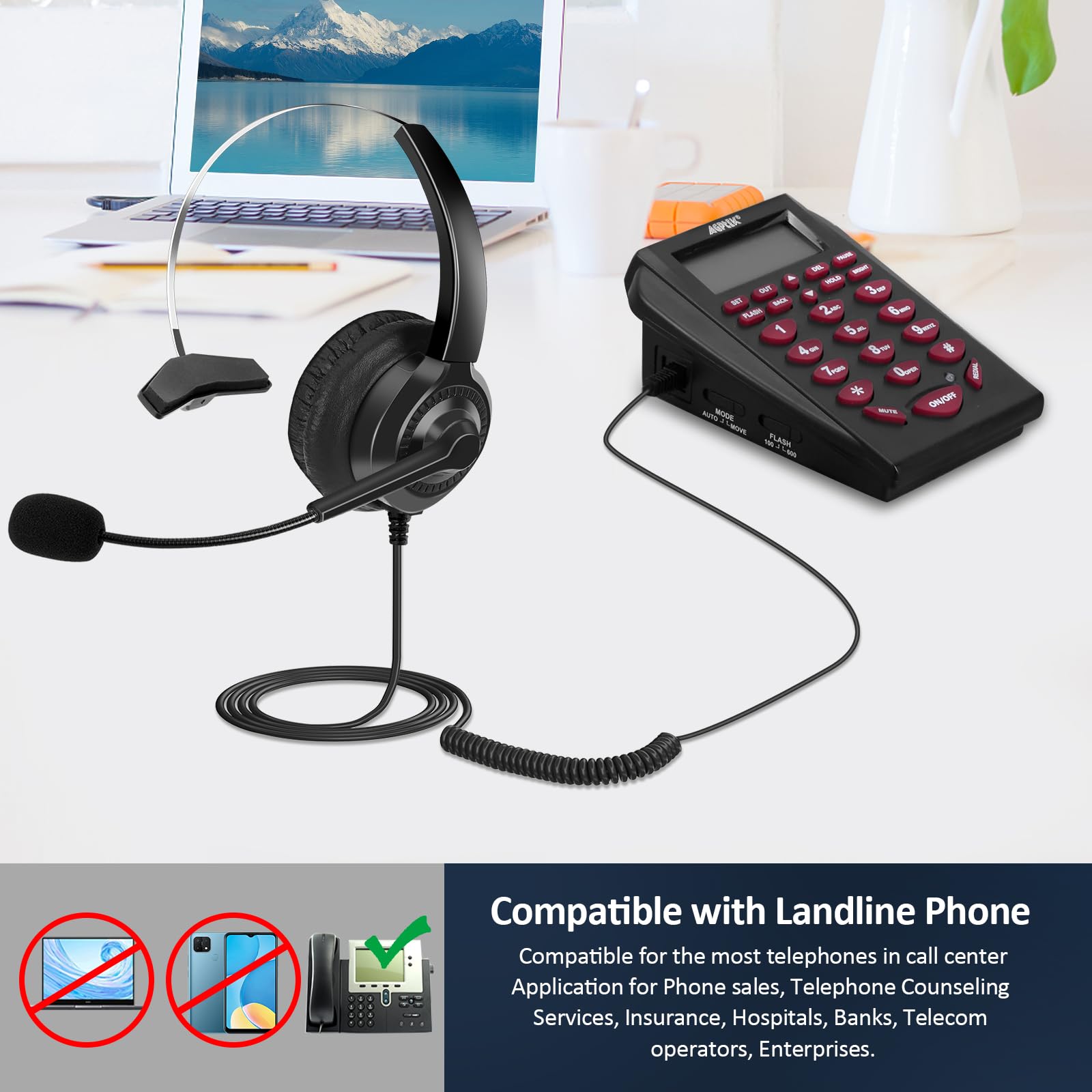 Agptek Corded Telephone With Headset & Dialpad For House Call Center Office   Noise Cancellation