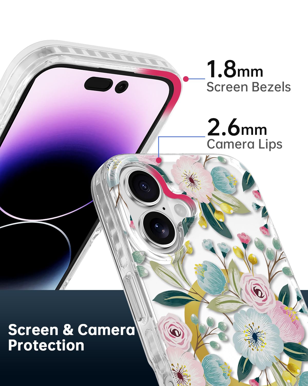 Scorpify For Iphone 16 Case [Compatible With Magsafe] With Hibiscus Floral Design, Cute Clear Flower Magnetic Phone Cover For Wo