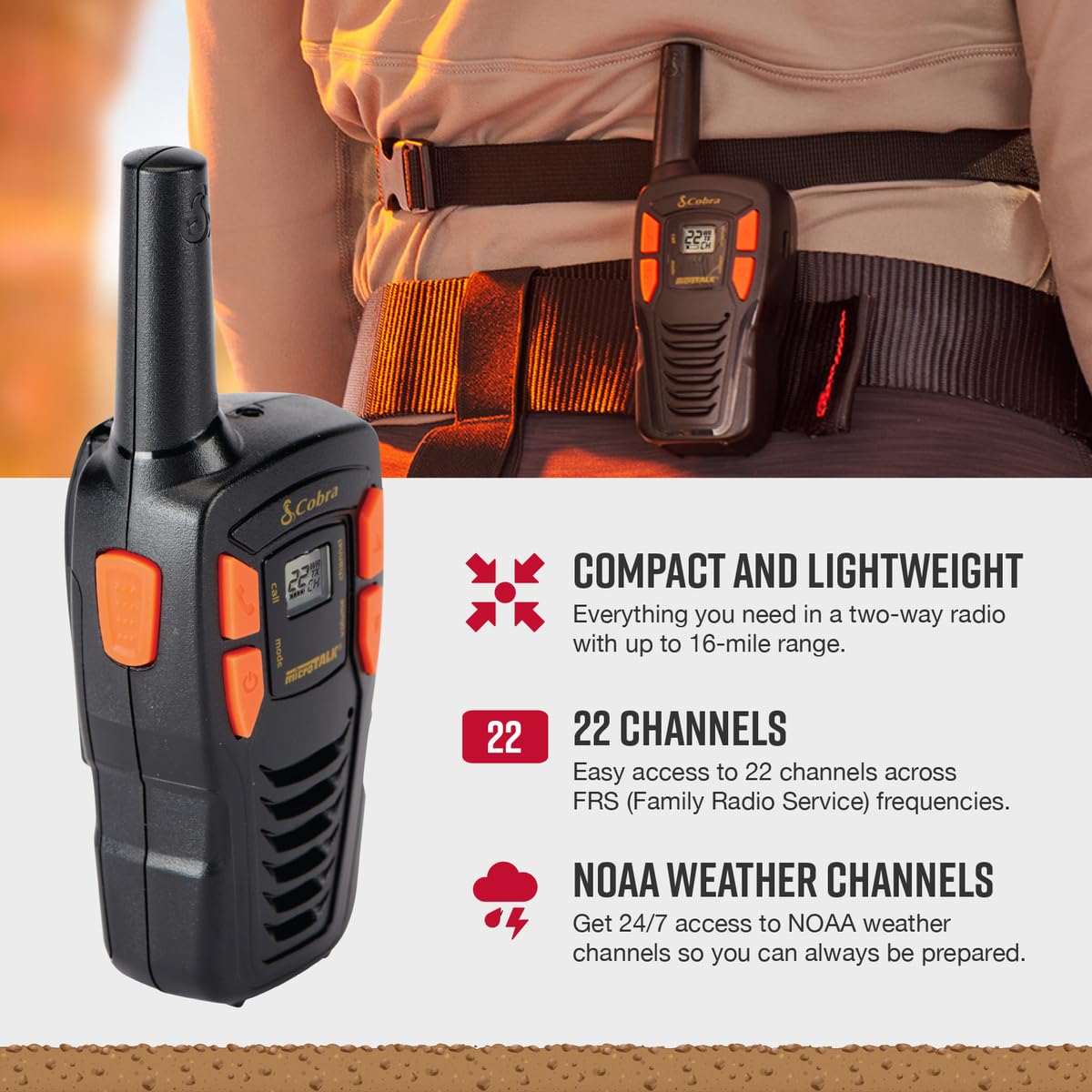 Cobra Acxt145 Compact Walkie Talkies   Rechargeable, Lightweight, 22 Channels, Long Range 16 Mile Two Way Radio Set (2 Pack), Black