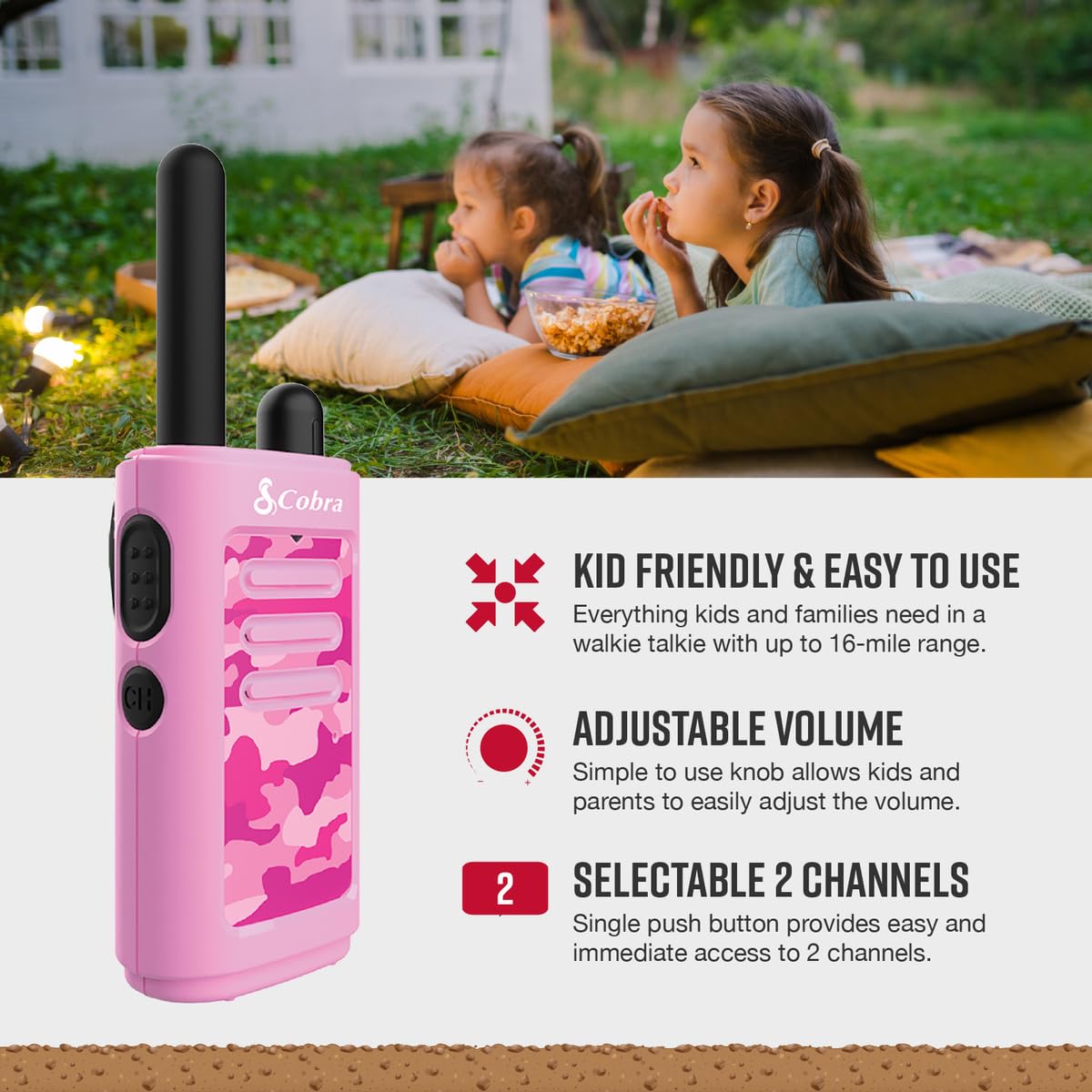 Cobra He150 P - Kid Friendly Walkie Talkies - 16-Mile Range, 2 Channels Two-Way Radio Set, Pink, (2-Pack)