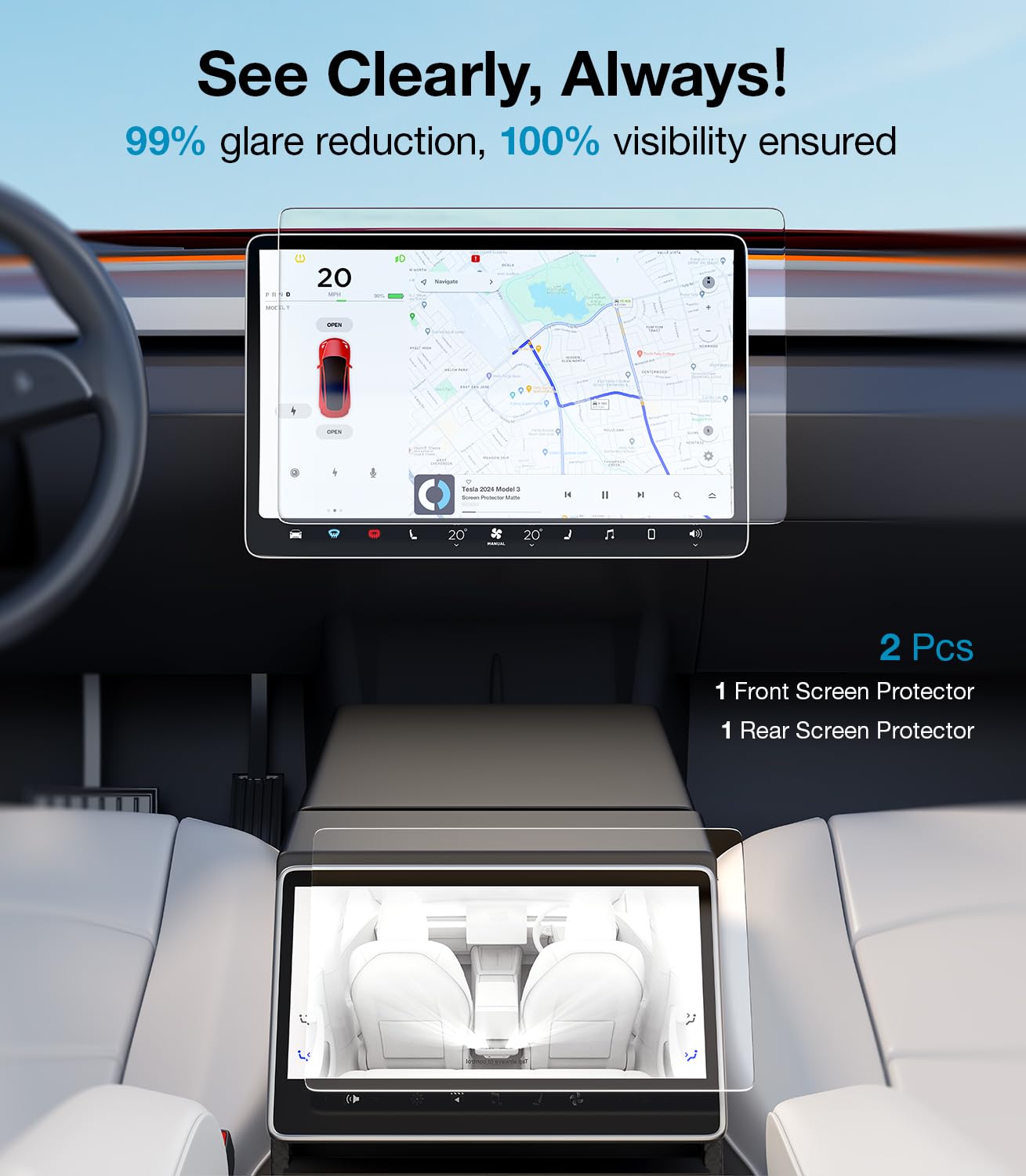 Wigoo 2024 Tesla Model 3 Screen Protector [No More Glare & Fingerprint] Tesla Model 3 2024 Accessories, 9H Tempered Glass Protec