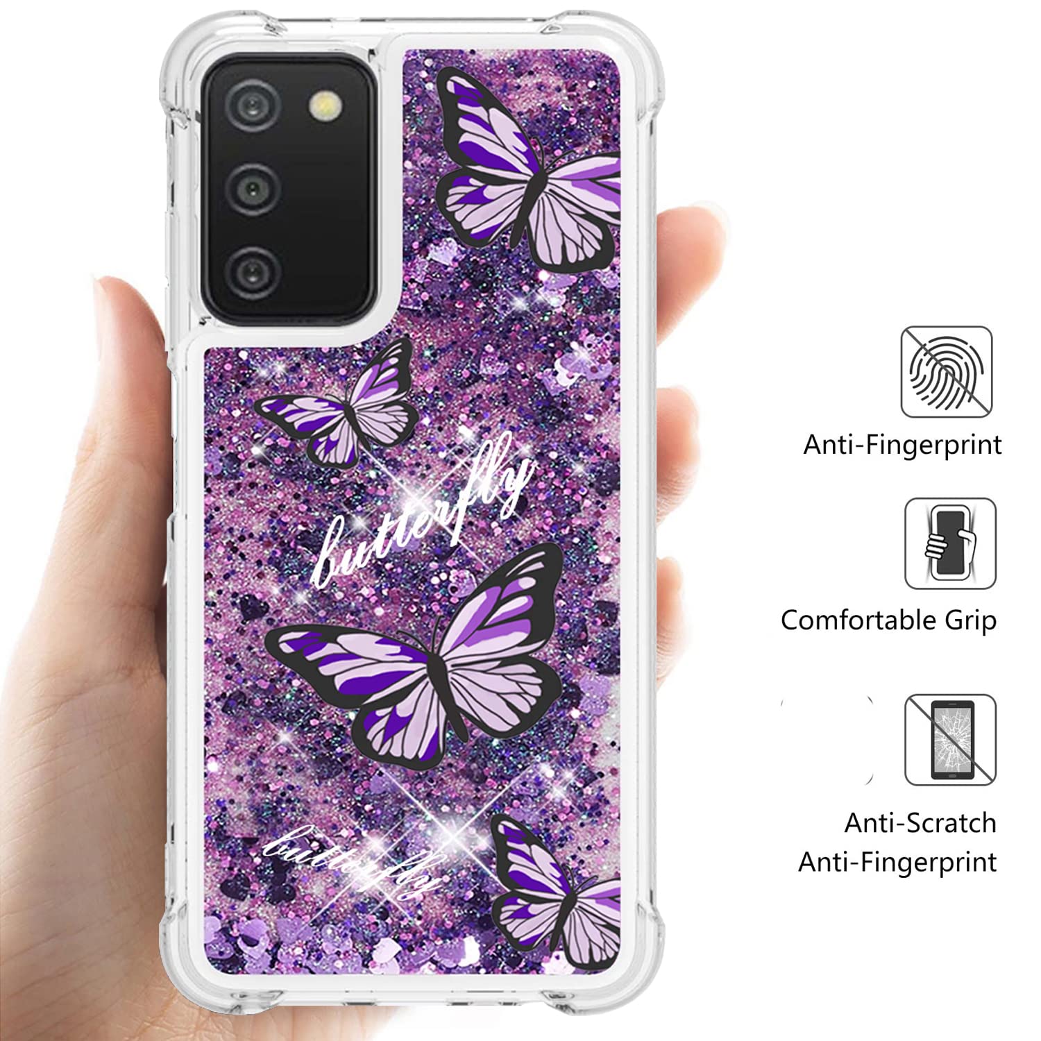 Caiyunl For Samsung Galaxy A03S Case With Glass Screen Protector,Women Girls Glitter Bling Floating Liquid Sparkle Cute Soft Tpu