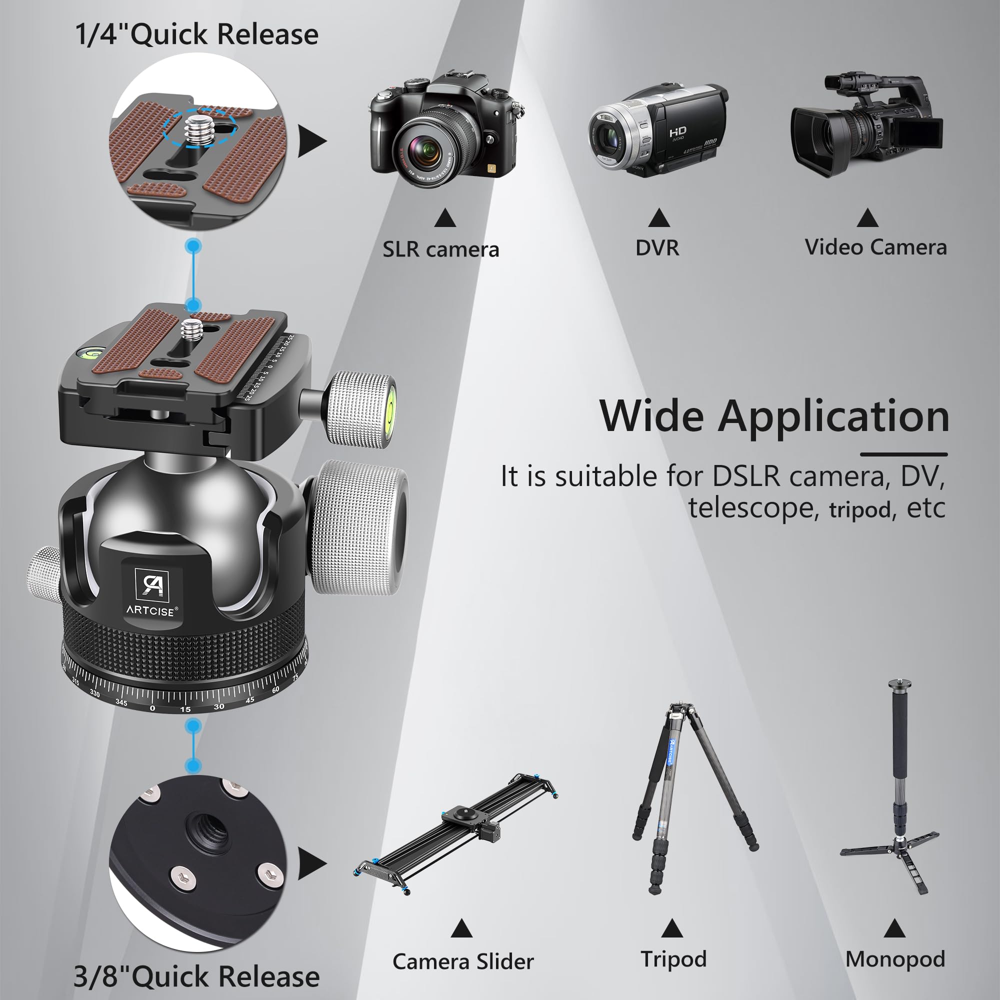 55Mm Low Profile Ball Head Tripod Ball Head Artcise Kb55 Heavy Duty Tripod Head All Metal Cnc Machining With Three 1/4' Quick Release Plates For Tripod, Monopod, Dslr, Camcorder, Max Load 88Lbs /40Kg