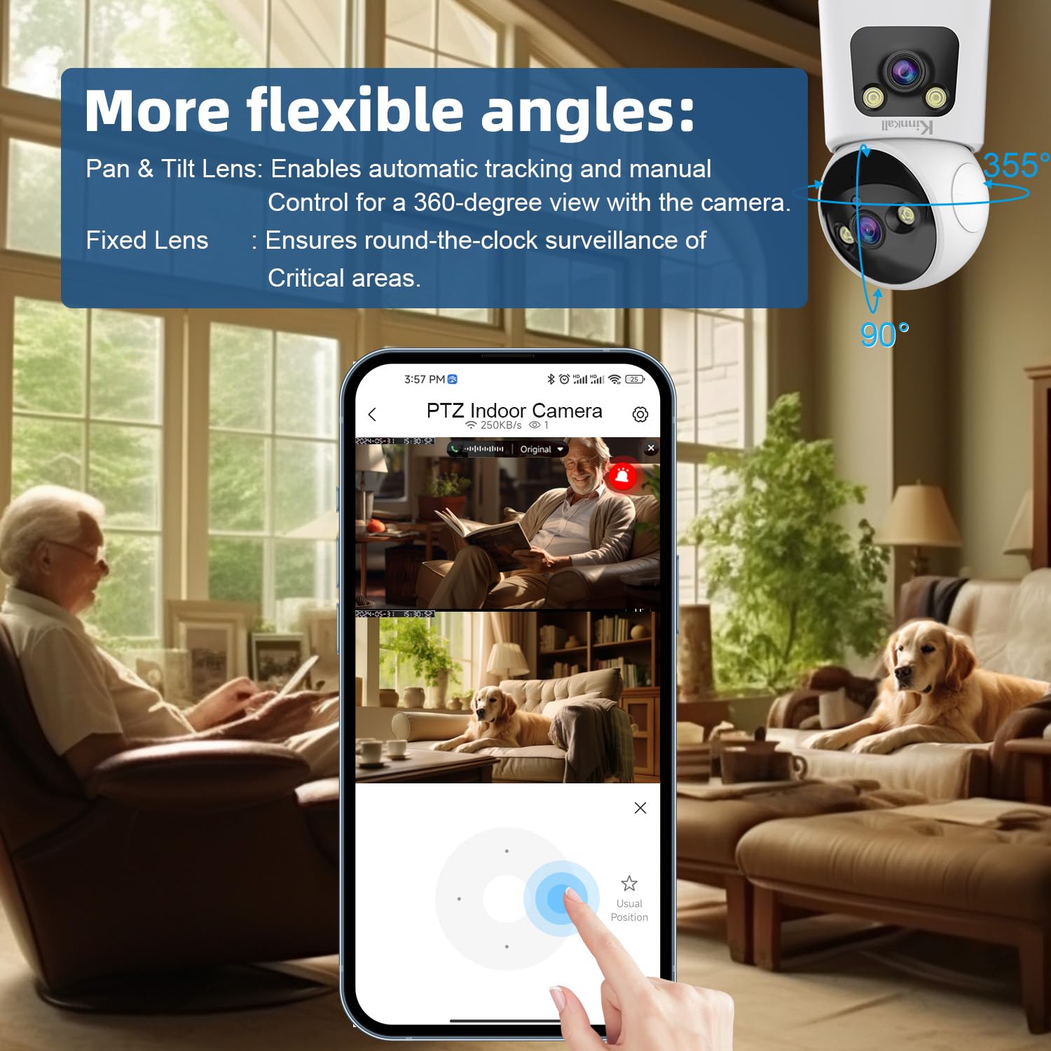 Kinnkall Pan/Tilt Indoor Camera Dual Lens For Baby Monitor Cat Dog Pet Camera, 2.4G/5G Wifi Camera For Home Security, Wireless C