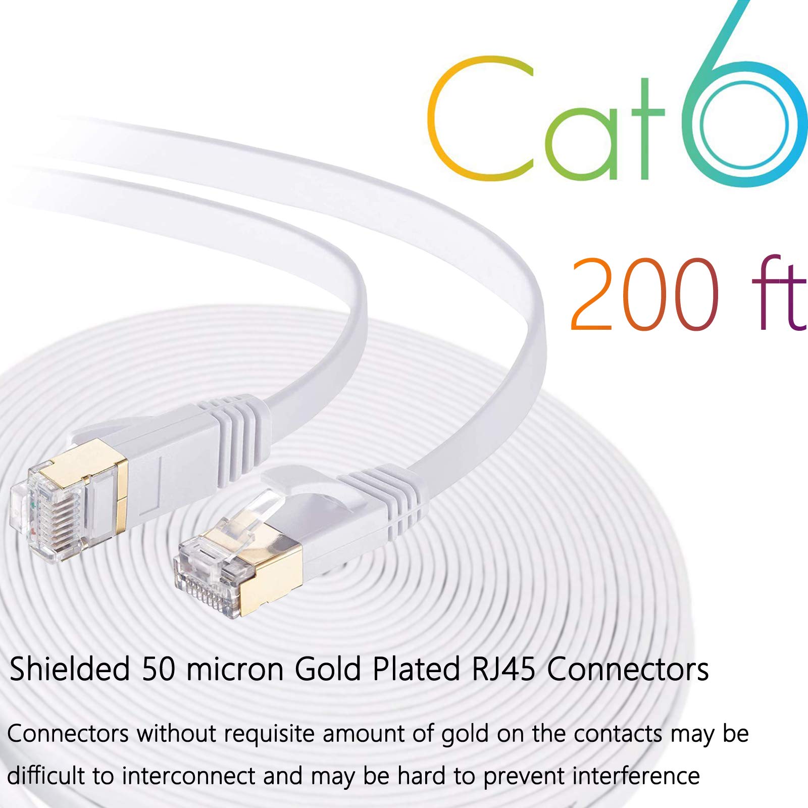 Flat Cat6 Ethernet Cable 200 Ft With Cable Clips, Comtelek Cat 6 Ethernet Rj45 Patch Cable, Slim Network Cable, Thin Internet Computer Cable   200 Feet White(60 Meters)�