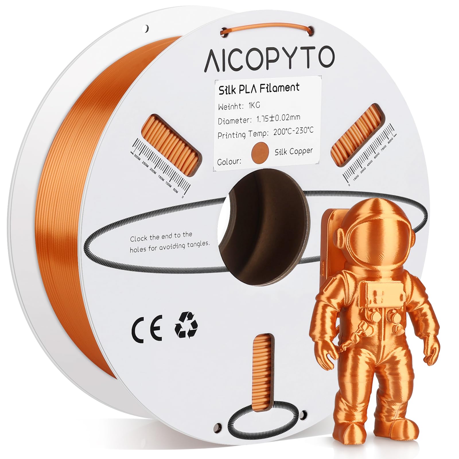 AICOPYTO Silk Copper PLA Filament 1.75mm, 3D Printer Filament Silk PLA Copper 1KG Spool (2.2lbs) Dimensional Accuracy Probabilit