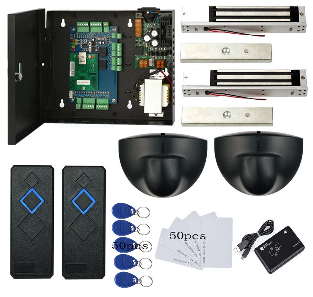 Mengqi Control Tcpip 2 Doors Magnetic Lock(600Lbs) Access Control Systems Request To Exit Detector Motion Sensor 110V Metal Power Supply Box+Card & Fobs
