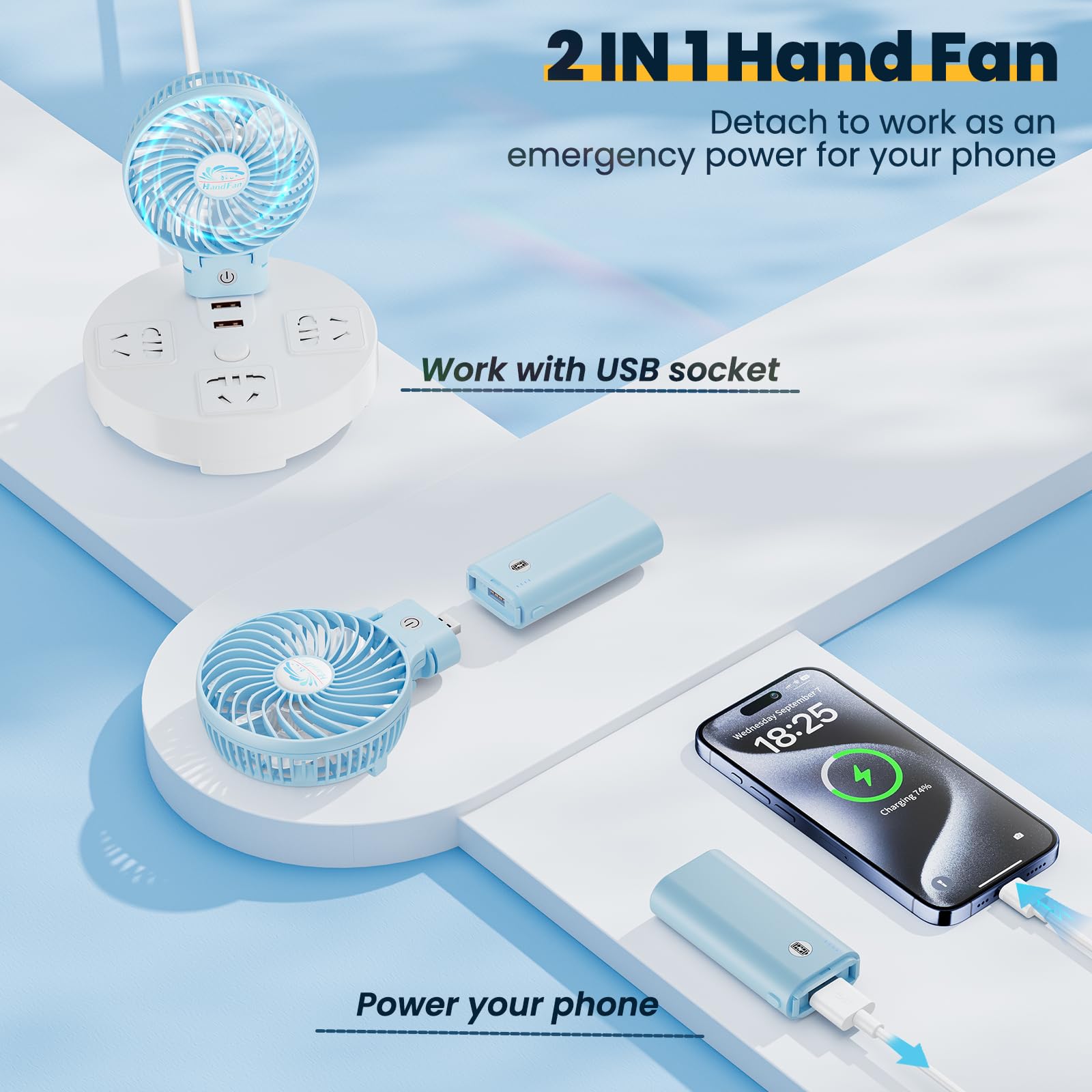 Handfan 5200Mah Hand Held Fan Rechargeable, 5 20 Working Hours Personal Fans, 3 Speeds Strong Airflow Usb Small Desk Fan With Po