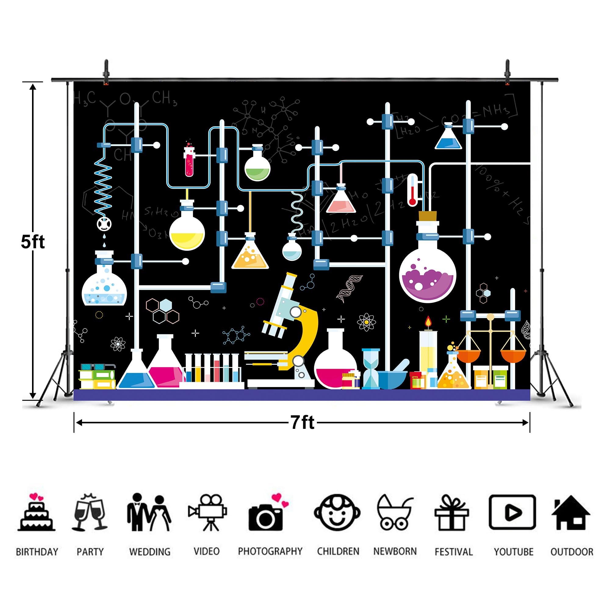 Imirell Chemical Science Birthday Backdrop 7Wx5H Feet Experiments For Kids Boys Chemistry Lab Mad Scientist Research Polyester F