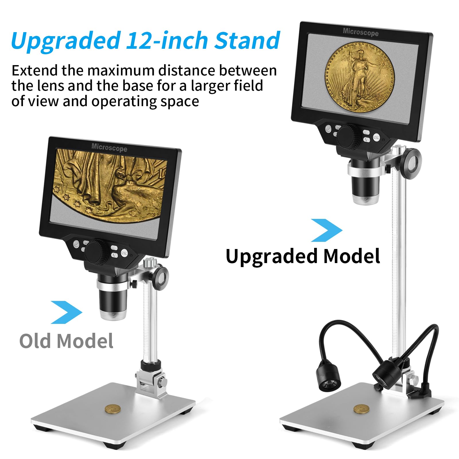 Koolertron 12Inch Extended Aluminum Microscope Stand With 2 Fill Lights, Portable Adjustable Manual Focus Lcd Digital Microscope