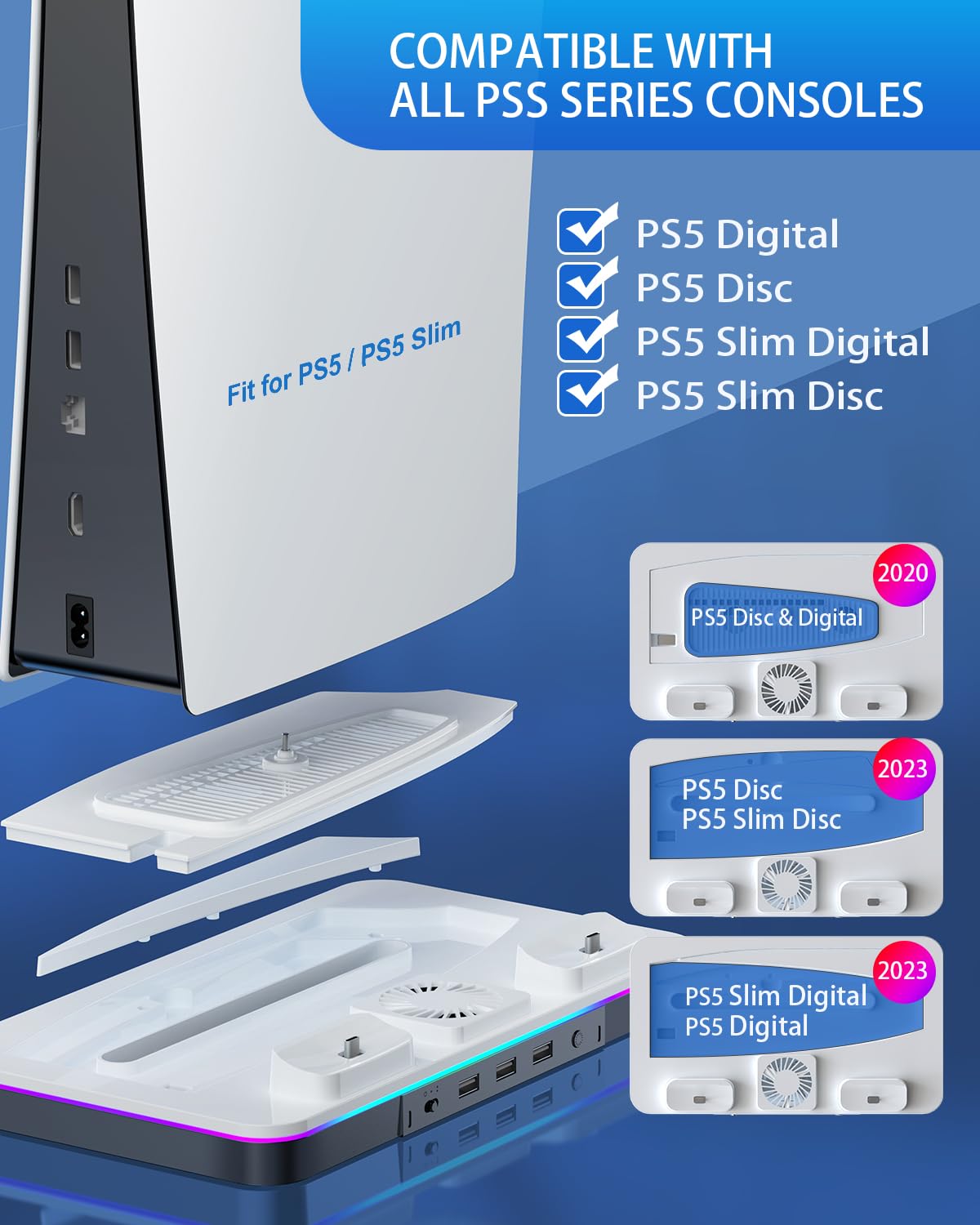 LYTFEI PS5/PS5 Slim Stand with RGB Cooling Station & Dual Controller Charger - Silver, 2-Level Cooling Fan, PlayStation 5 Accessories