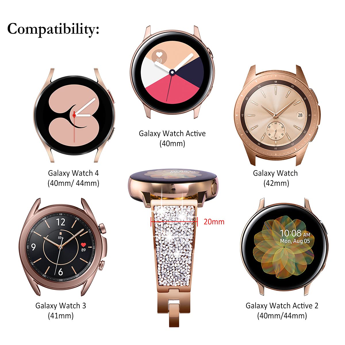 Newways Galaxy Watch 5 Band 40Mm 44Mm Galaxy Watch 4 40Mm 44Mm 42Mm 46Mm, 20Mm Stunning Crystal Bracelet With Quick Release Pin
