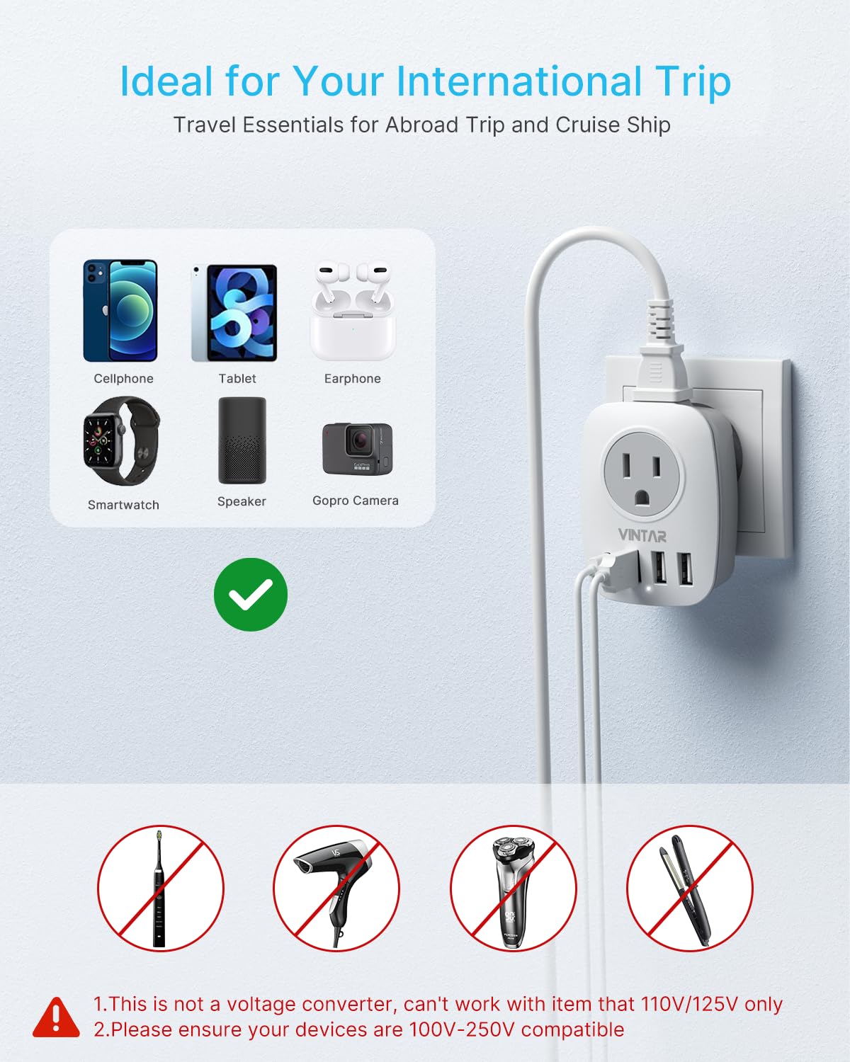 Us To Japan Plug Adapter, Vintar Japan Power Adapter With 2 Ac Outlets, 3 Usb And 1 Usb C Ports, 2 Prong To 3 Prong Outlet Adapt