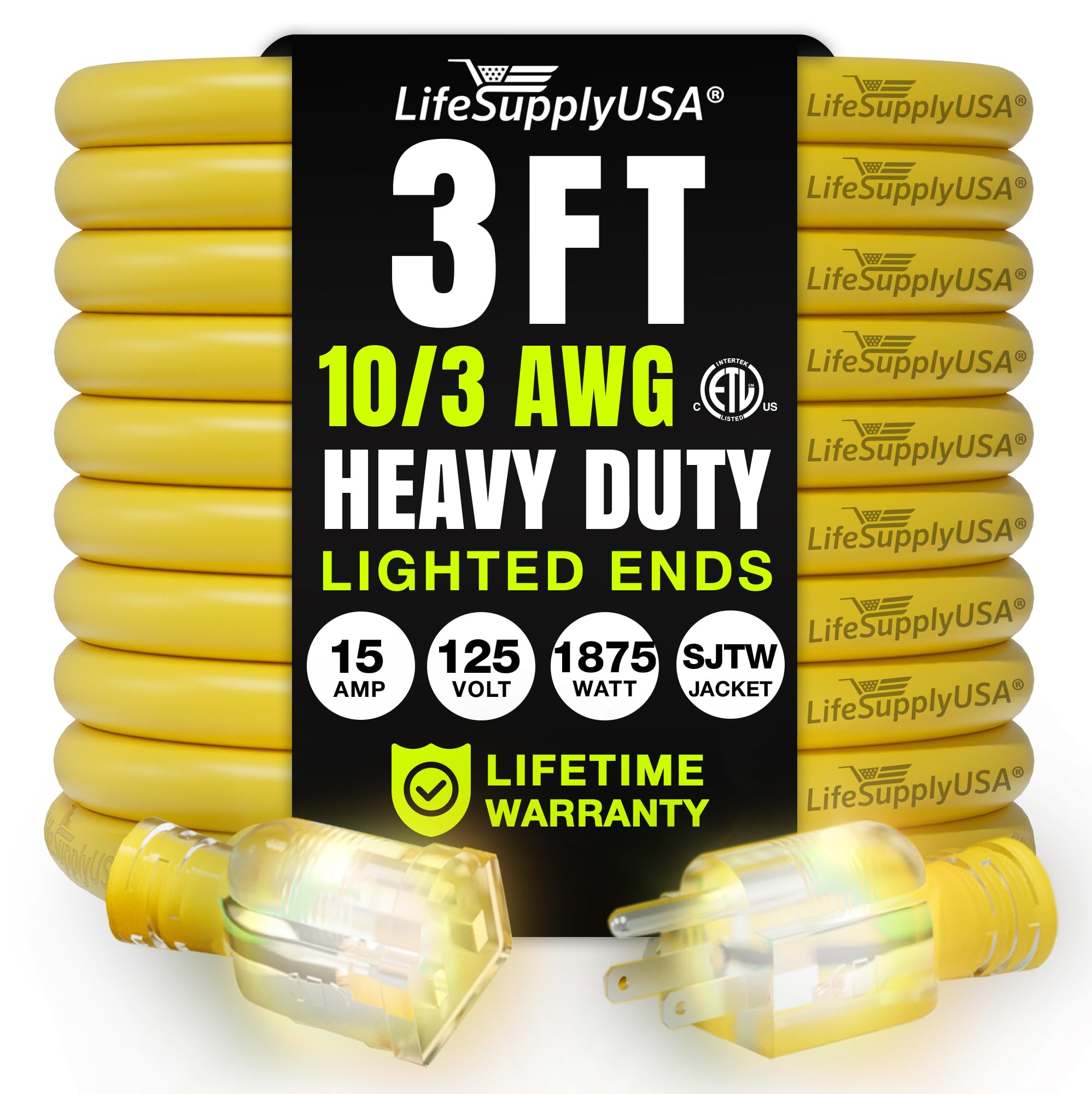 3Ft Power Outdoor Extension Cord & Indoor   Waterproof Electric Drop Cord Cable   3 Prong Sjtw, 10 Gauge, 15 Amp, 125 Volts, 187