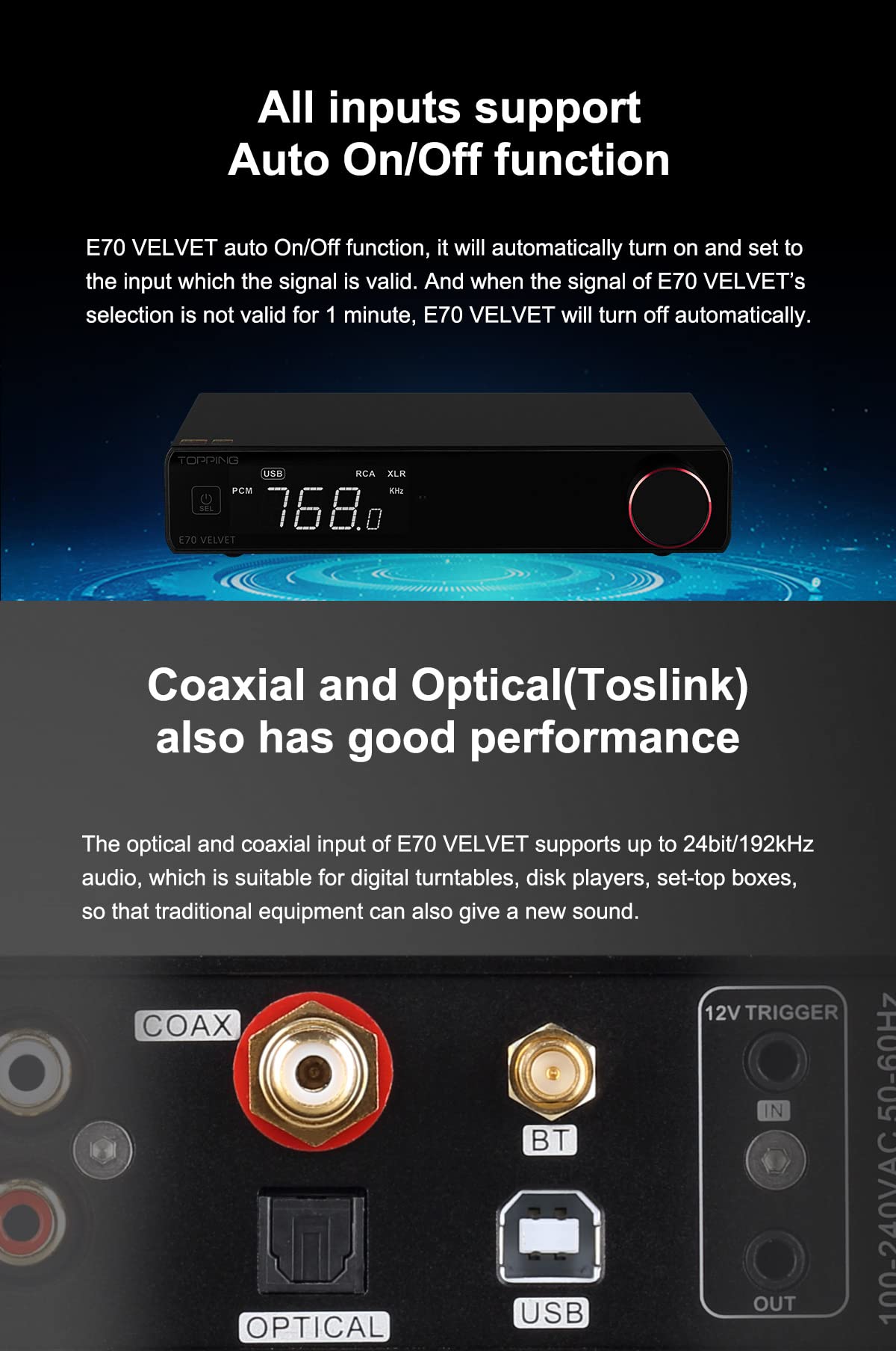 Topping E70 Velvet Ak4499Ex Dac Audio Decoder  Bluetooth5.1 Ldac Hi Res Xu316 32Bit/768Khz Dsd512 Bt/Usb/Coax/Opt Inputs Rca/Xlr Hifi Stereo Digital To Analog Convertor Black