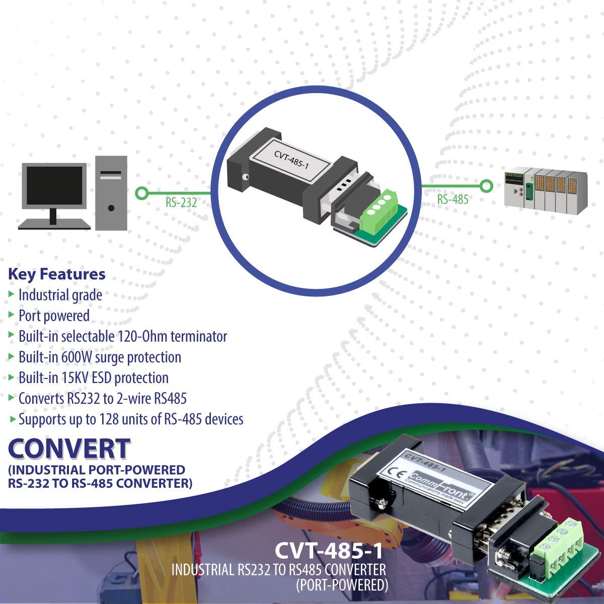 Commfront Industrial Rs232 To Rs485 Converter, Port Powered, Built In 120 Ohm Terminator, 600W Surge And 15Kv Static Protection