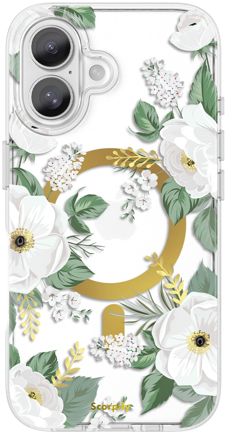 Scorpify For Iphone 16 Case [Compatible With Magsafe] With White Rose Floral Design, Cute Clear Flower Magnetic Phone Cover For