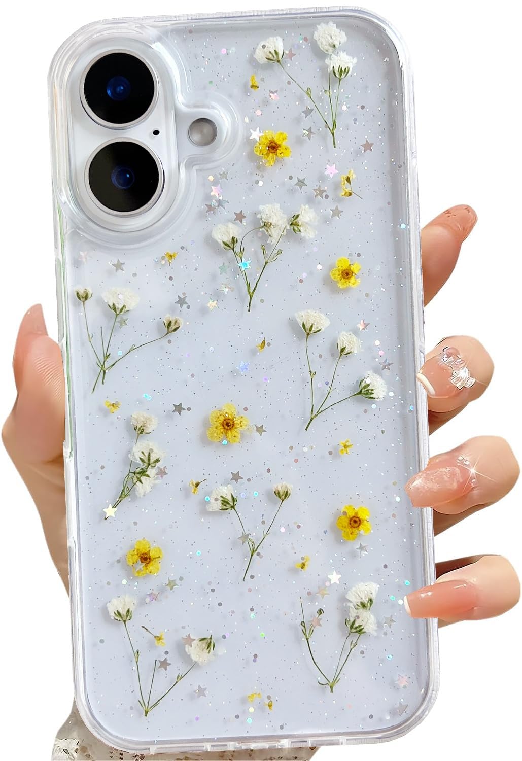 Lseeka For Iphone 16 Clear Case With Pressed Real Flowers Design,Glitter Cute Yellow Floral Pattern Slim Soft Tpu Protective Wom