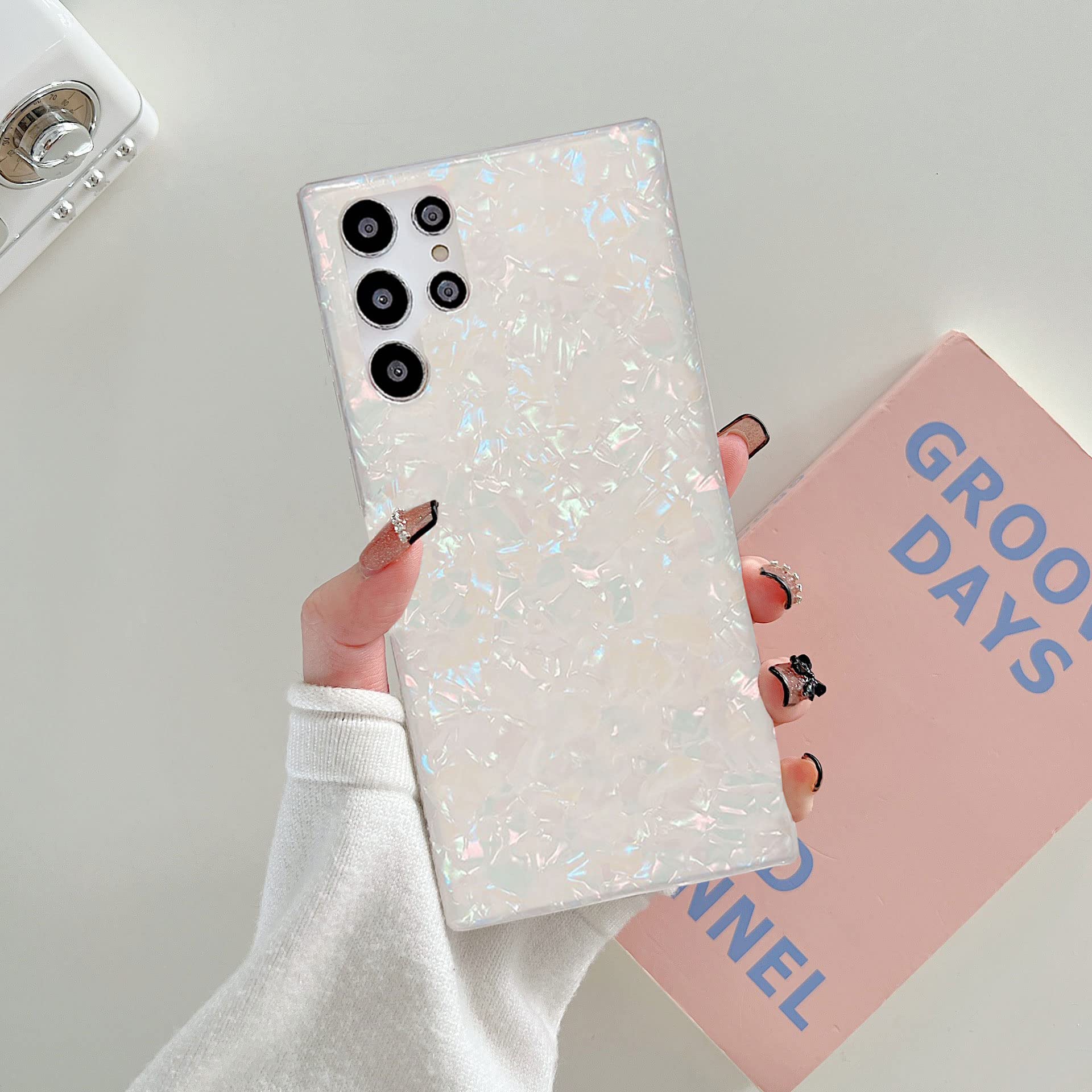 J.West Galaxy S22 Ultra Case 5G, Luxury Sparkle Glitter Translucent Clear Colorful Opal Pearly Thinfoil Design Shiny Print Soft