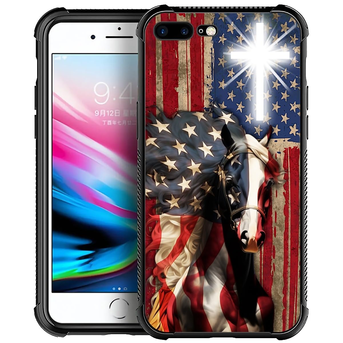 Fkbrcl4U Case For Iphone 7 Plus/8 Plus, Red American Flag Horse Cross Pattern, Soft Silicone Hard Acrylic For Shock Protection