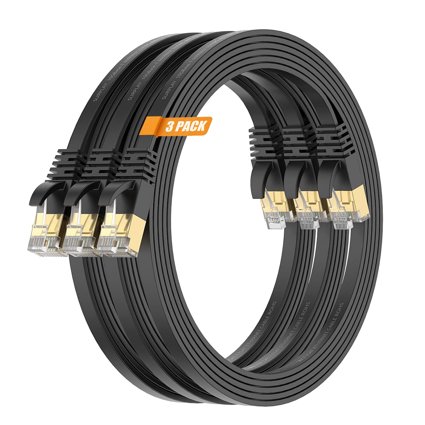 Surplay Cat7 3Pack 1.5Ft Ethernet Cable Black 10Gbps Shielded & Ground Wire Internet Network Flat Patch Cord,Ultra Slim Gold Pla