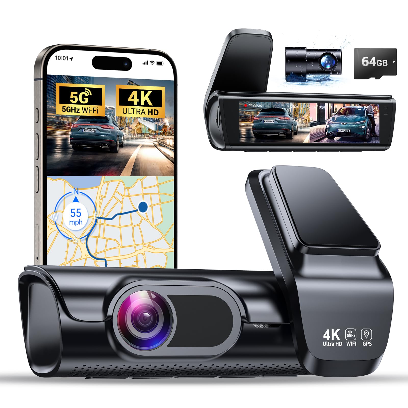 OVAMAN K600 4k Dash Cam Front and Rear, 3.59 IPS Screen, Built-in GPS 5G WiFi Dash Camera for Cars with App, UHD 2160P Night Vis
