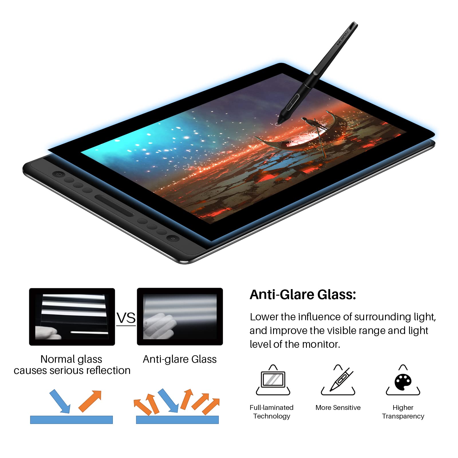 Huion Kamvas Pro 16 Drawing Tablet With Screen, 15.6 Inch Pen Display Anti-Glare Glass 6 Shortcut Keys Adjustable Stand, Graphic