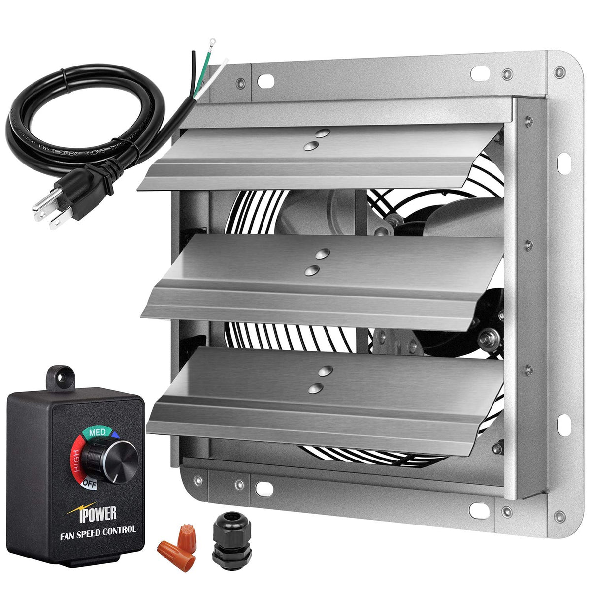 Ipower 24 Inch Wall Mounted Shutter Exhaust Fan With Speed Controller And Power Cord Kit, Aluminum, 1400 Rpm, 4016 Cfm, For Atti