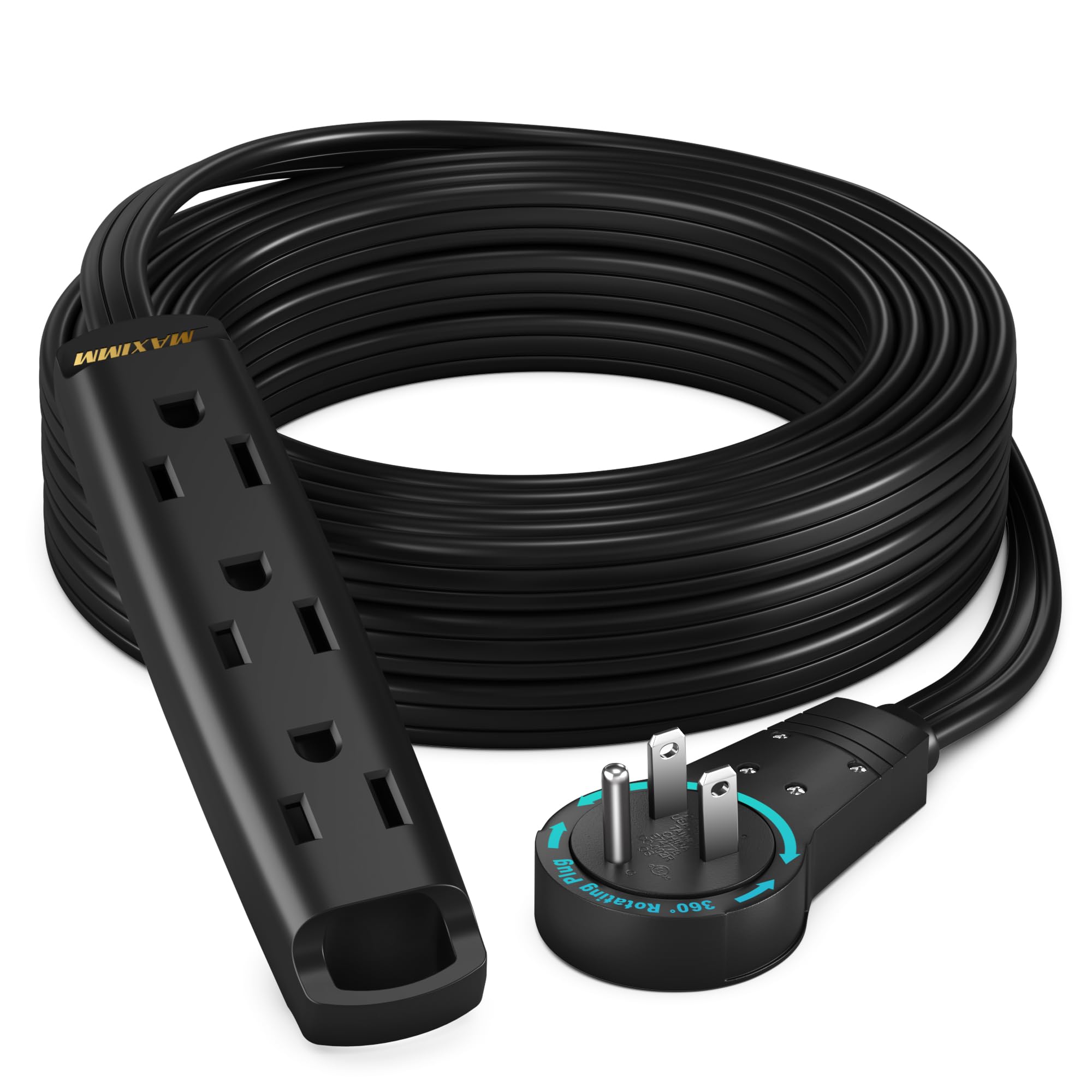 Maximm 360 Degree Rotating Flat Extension Cord 15 Ft Multi 3 Outlet Power Cord With Loop, Grounded 16 Awg Ul Certified, Black