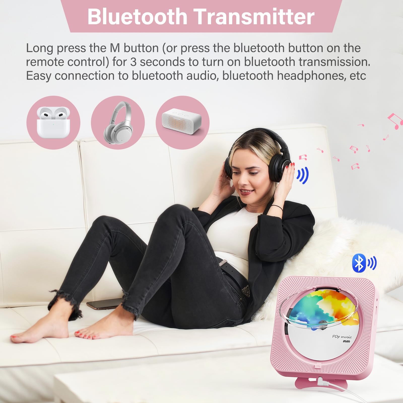 Portable Cd Player With Bluetooth, Desktop Cd Player With Speakers For Home Cd Music Players With Remote Control, Built In Led D