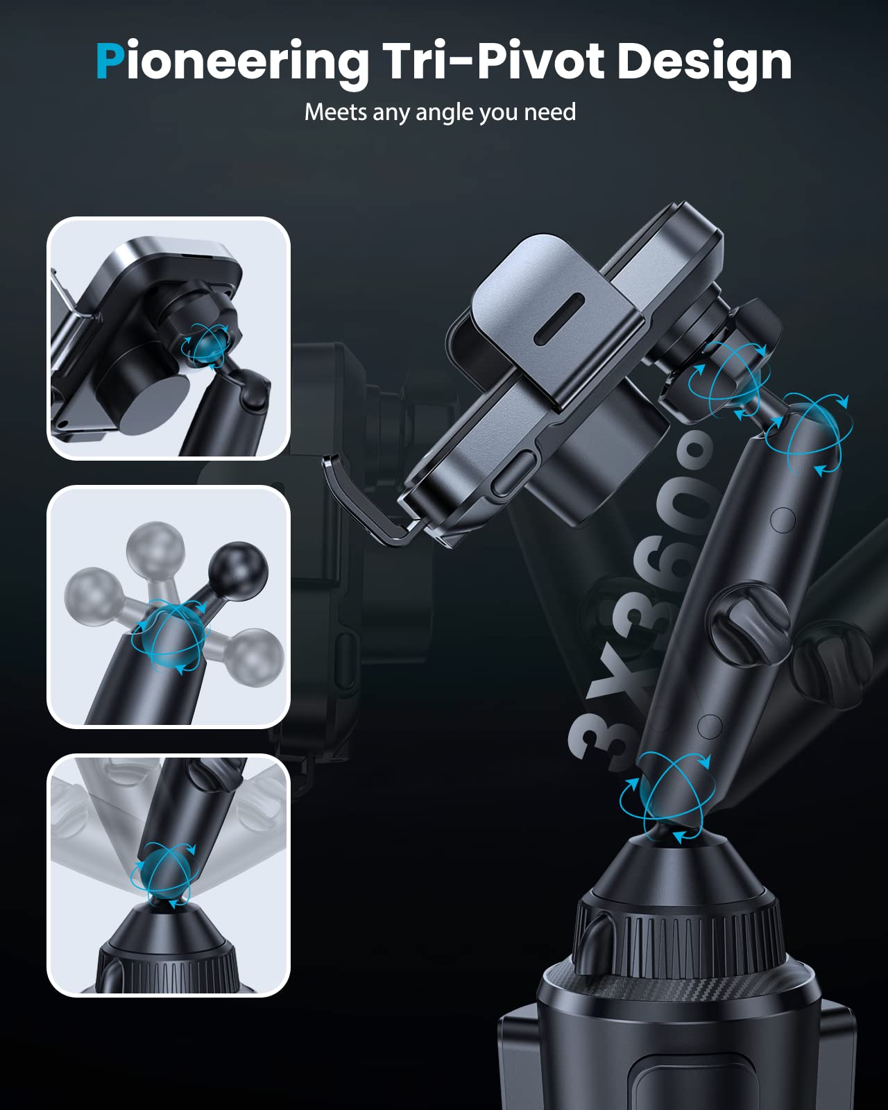 Apps2Car Dual Coil Wireless Car Charger Auto Clamping 15W Cup Holder Phone Wireless Charger Mount Fast Charge Tri-Pivots Height