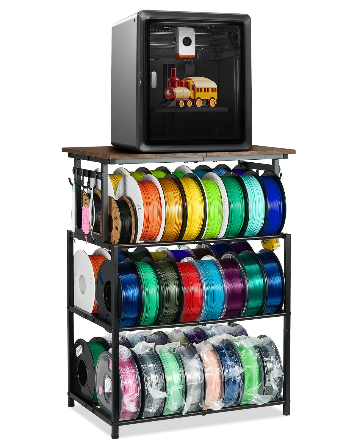 EnigmaSoul 4-Tier 3D Printer Table with Filament Storage, Heavy-Duty Steel Frame and Wood Top, Adjustable Feet for Stability, Pe