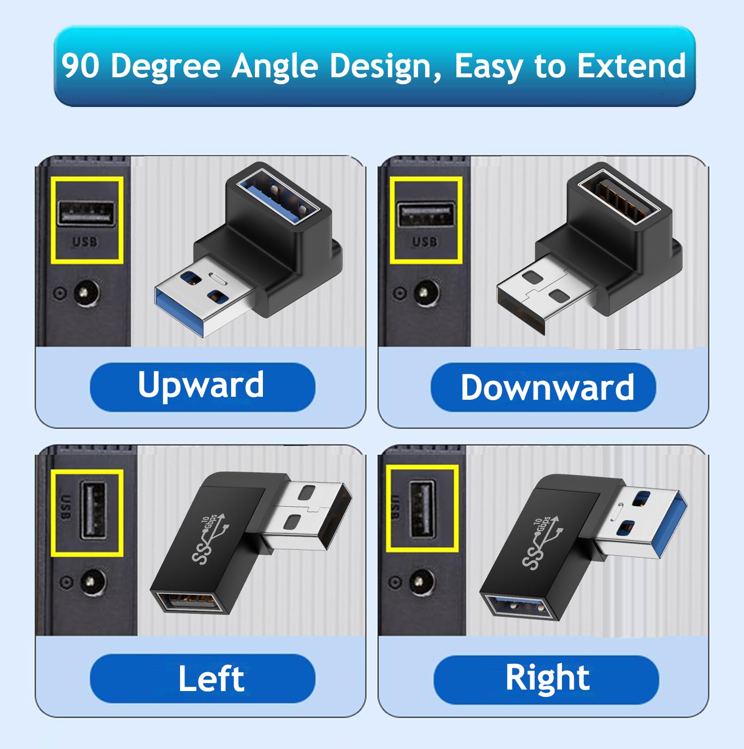 Xsusmdom 90 Degree Usb 3.0 Male To Female Adapter, (4 Pack) Up And Down & Left And Right Angle Usb A Extender Connector For Pc,