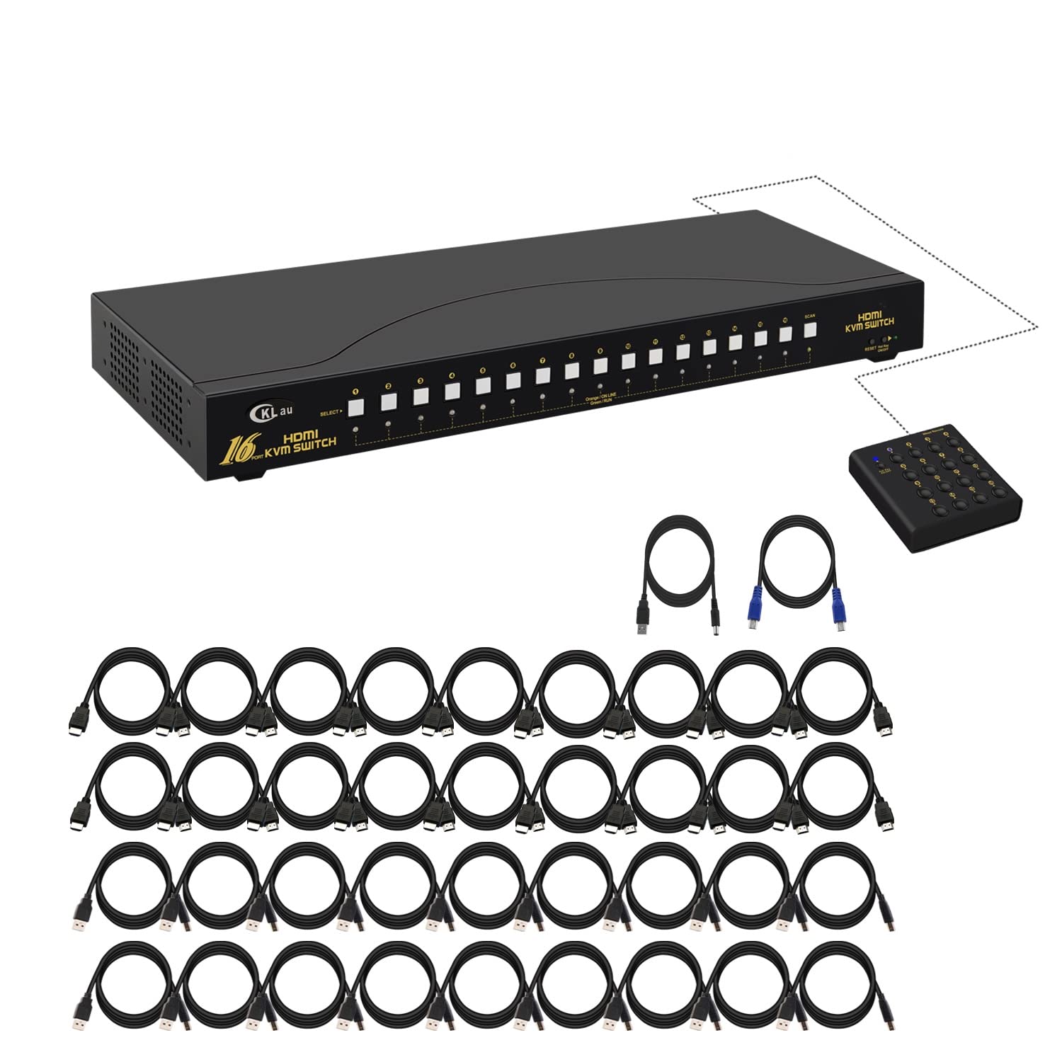 Cklau 4Kx2K Hdmi Kvm Switch 16 Port With Cables, Rack Mount Kvm Switch Support Hdcp, Edid For Windows, Linux, Mac, Debian, Ubunt
