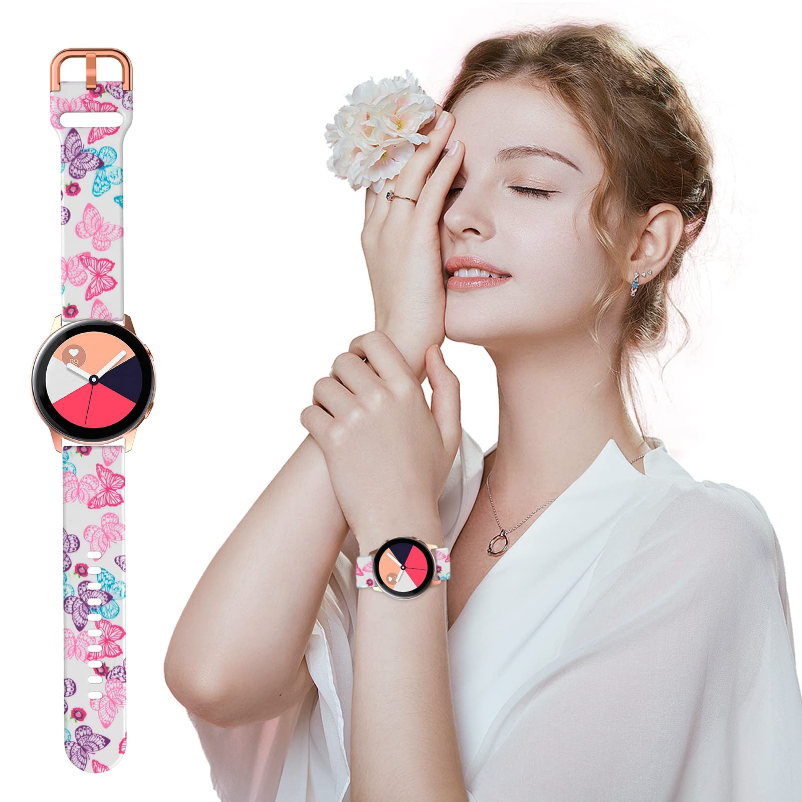 Toolaik Floral Bands Compatible With Galaxy Watch 7 6 5 4 Active 2 Watch Band 40Mm /44Mm,Active Watch Band 40Mm, 20Mm Silicone W