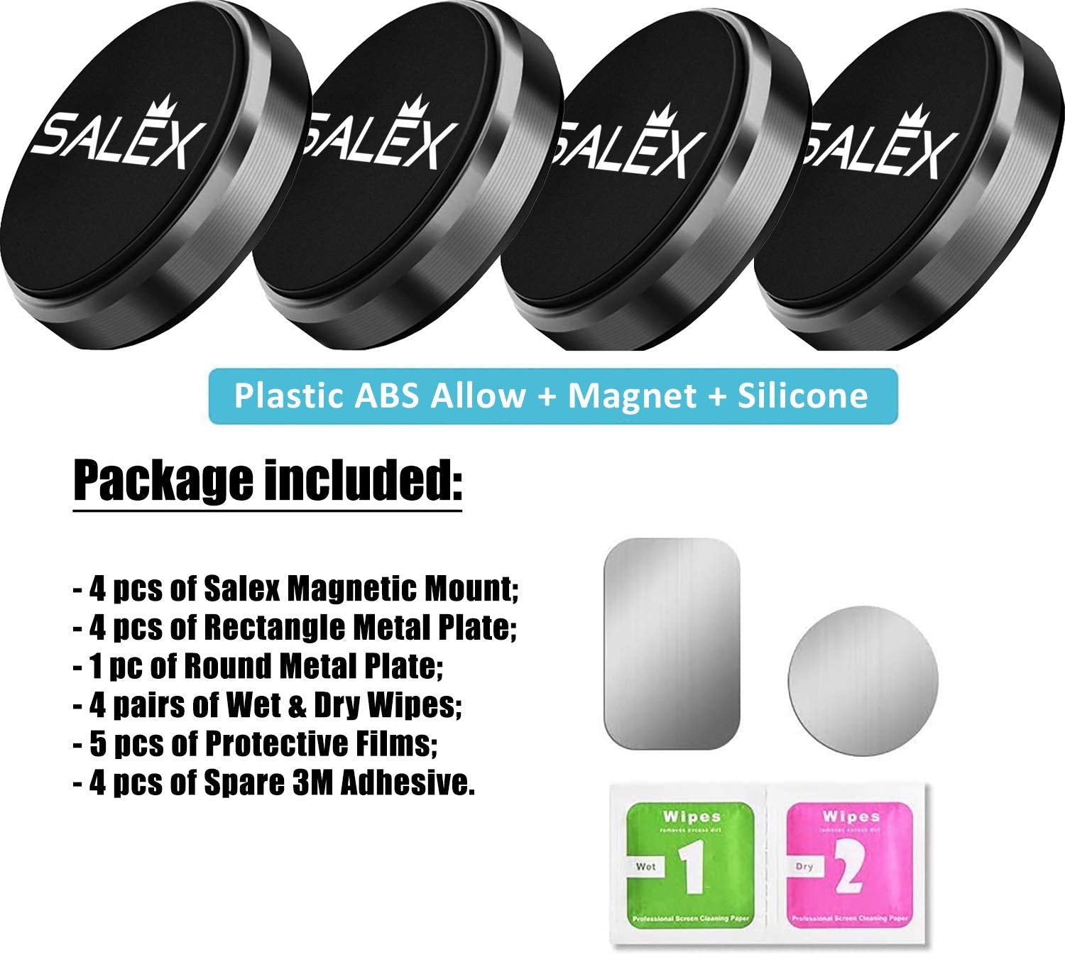 Magnetic Phone Mount 4 Pack - Black Flat Cell Phone Holder For Car Dashboard, Truck. Universal Stick On Ipad Wall Magnet Mount F