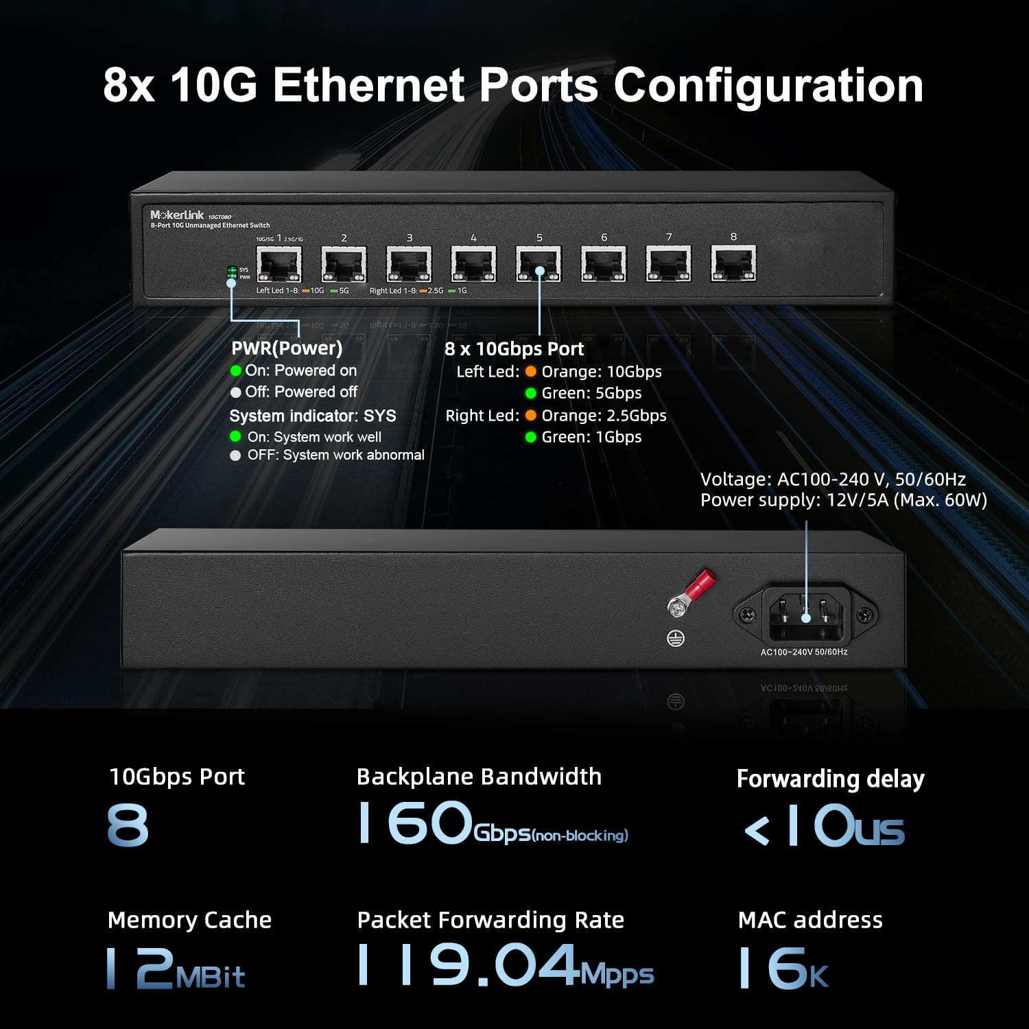 Mokerlink 8 Port 10G Unmanaged Ethernet Switch, 10G/5G/2.5G/1G Auto Adaptive, Plug And Play, Metal Desktop|Rackmount Network Swi