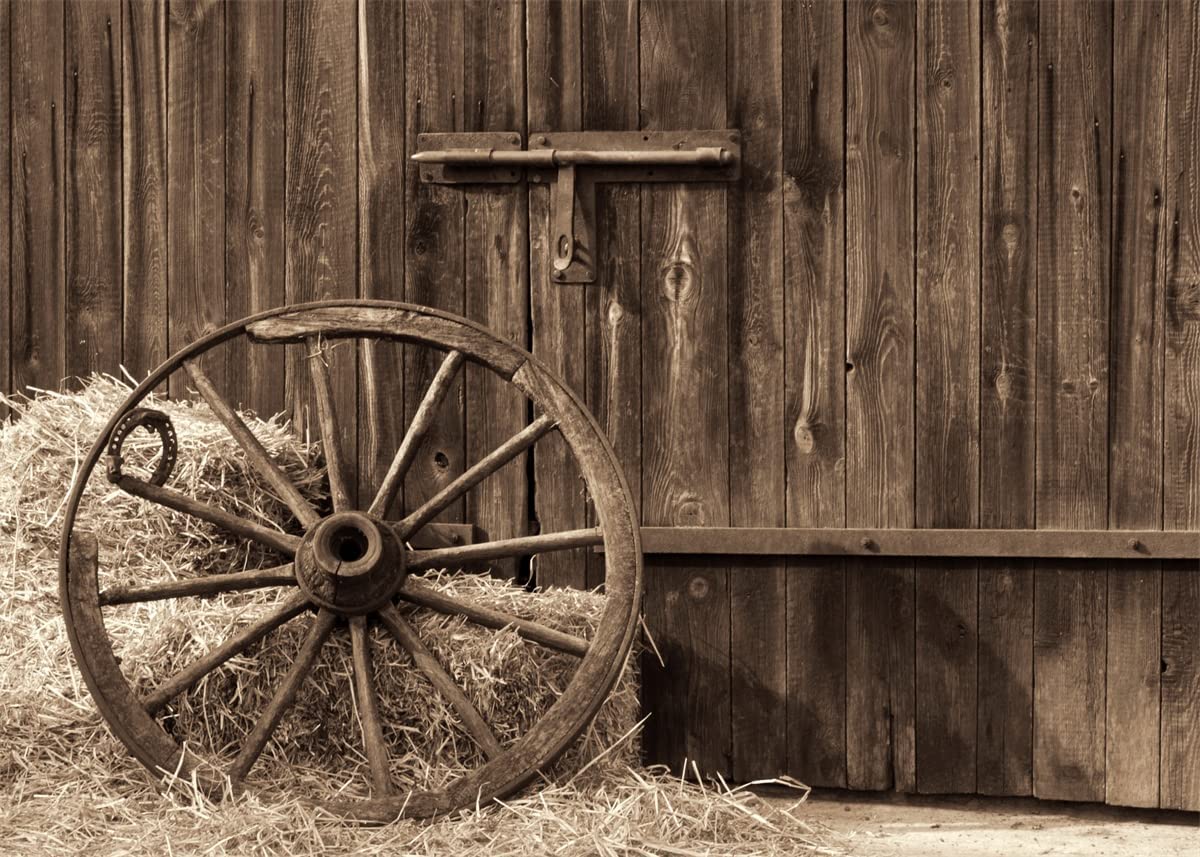 Beleco 7X5Ft Fabric Cowboys Photo Backdrop Barn Door Old Barn With Antique Wheel Hay Bales Haystack Country Theme Photography Ba